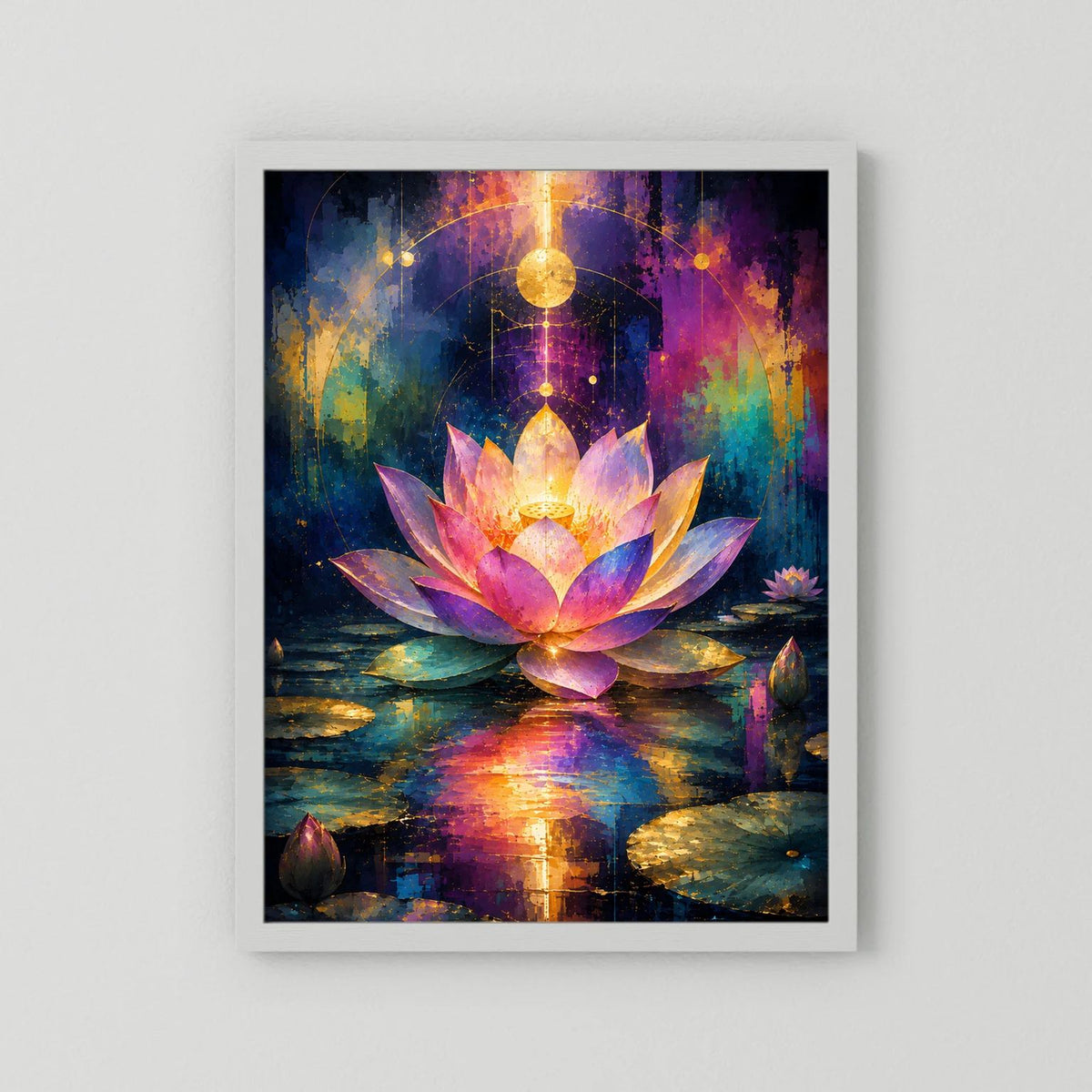 Wandbild mit weißer Einfassung, leuchtende Lotusblüte in Pink und Gold mit Lichtkreisen