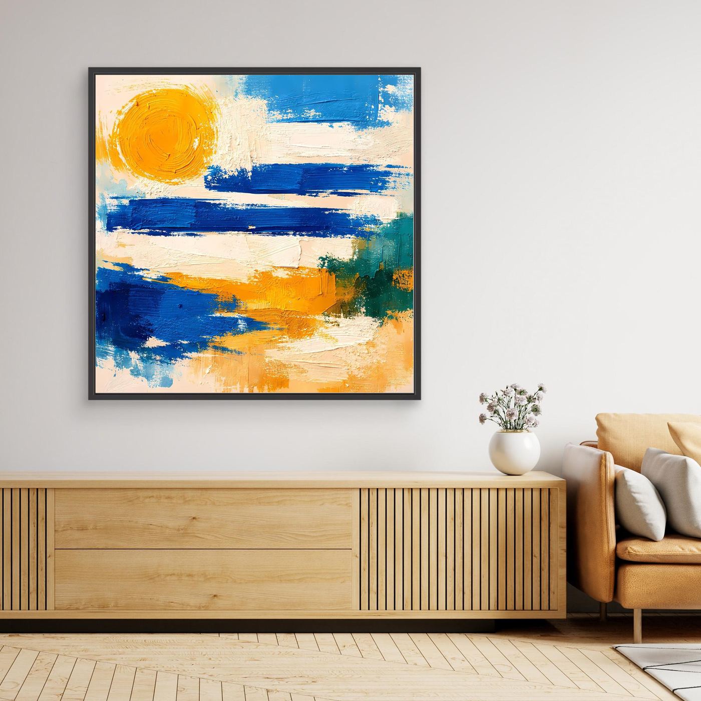Abstract canvas wall art in blue and yellow with a sun motif and layered brush strokes