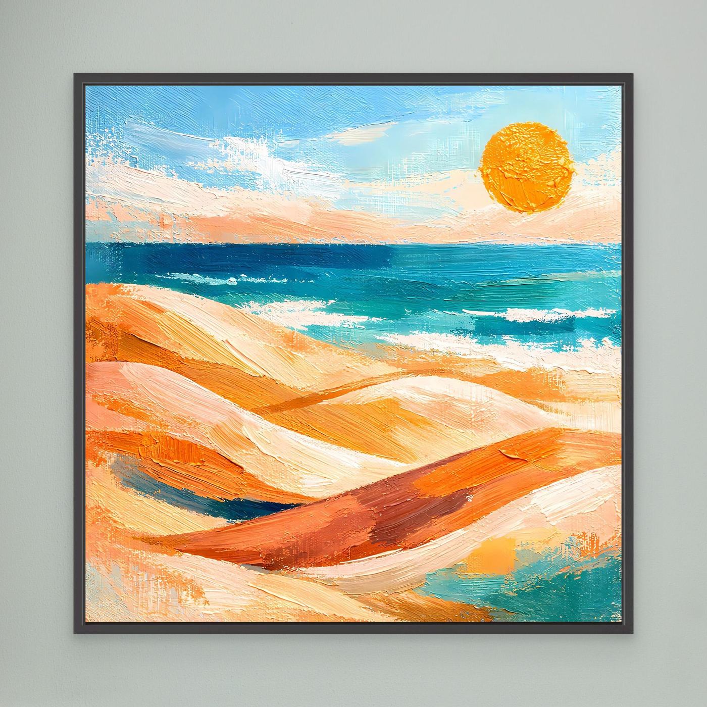 Leinwand-Wandbild mit abstraktem Strandmotiv, Meer und gelber Sonne, schwarzer Rahmen