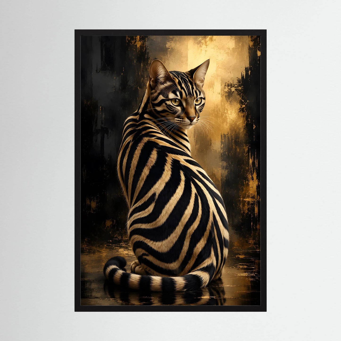 Poster mit Zebra-Katze in Schwarz und goldenen Akzenten, im schwarzen Rahmen