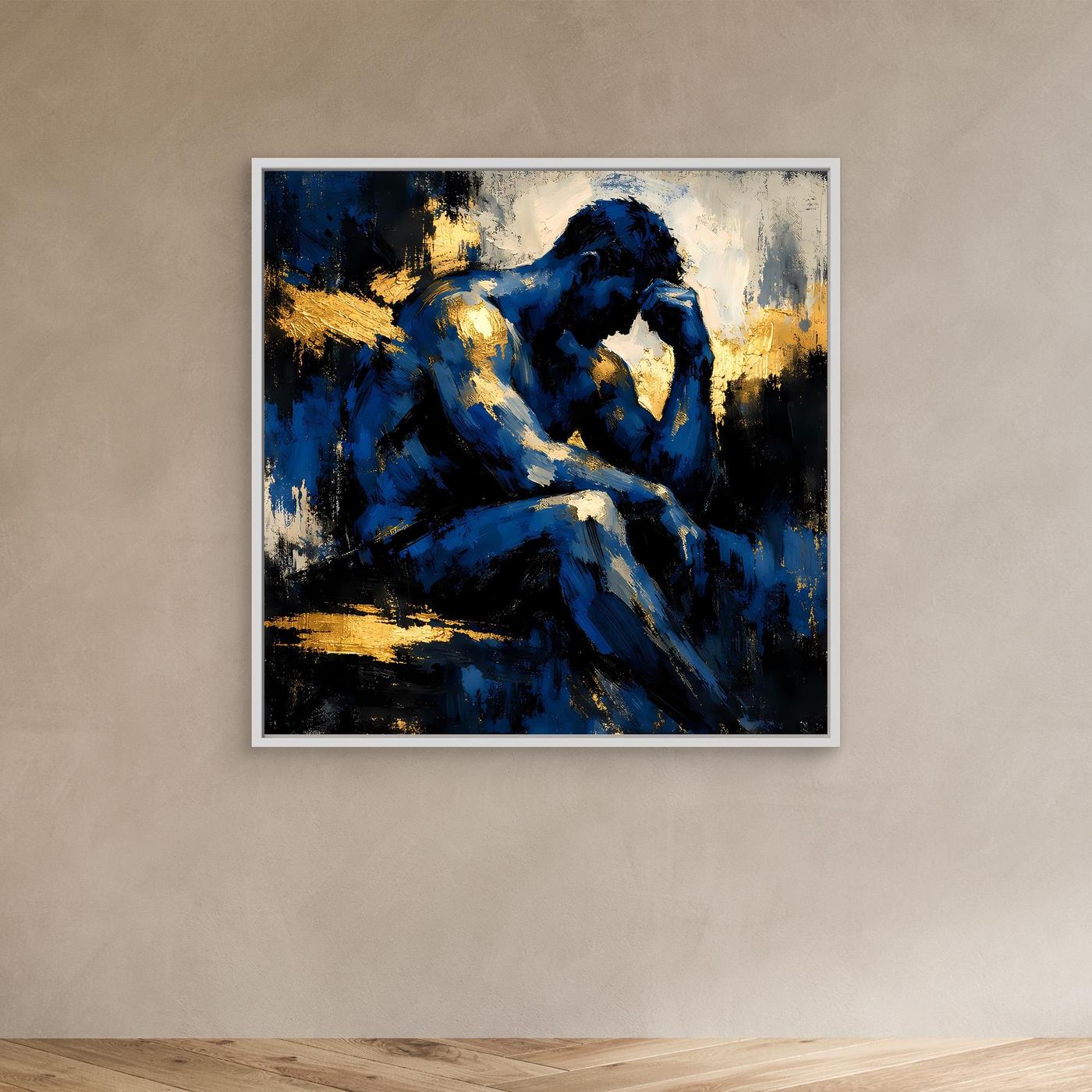 Leinwand Der Denker in Blau | Abstraktes Männersilhouette Wandbild Gold