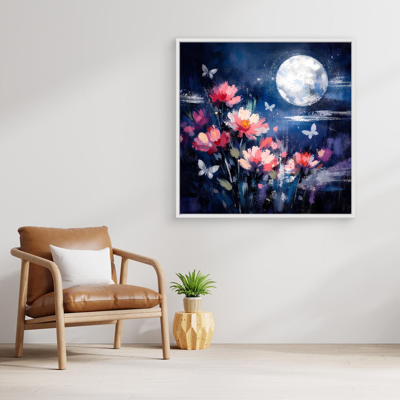 Quadratisches Leinwand-Wandbild mit Blumenbouquet, Schmetterlingen und hellem Vollmond; dunkler Rahmen.