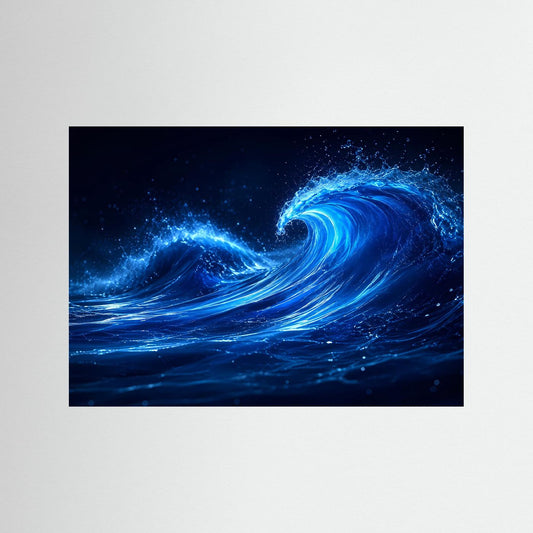 Poster mit leuchtender blauer Welle im abstrakten Kunststil, dunkel hinterlegt