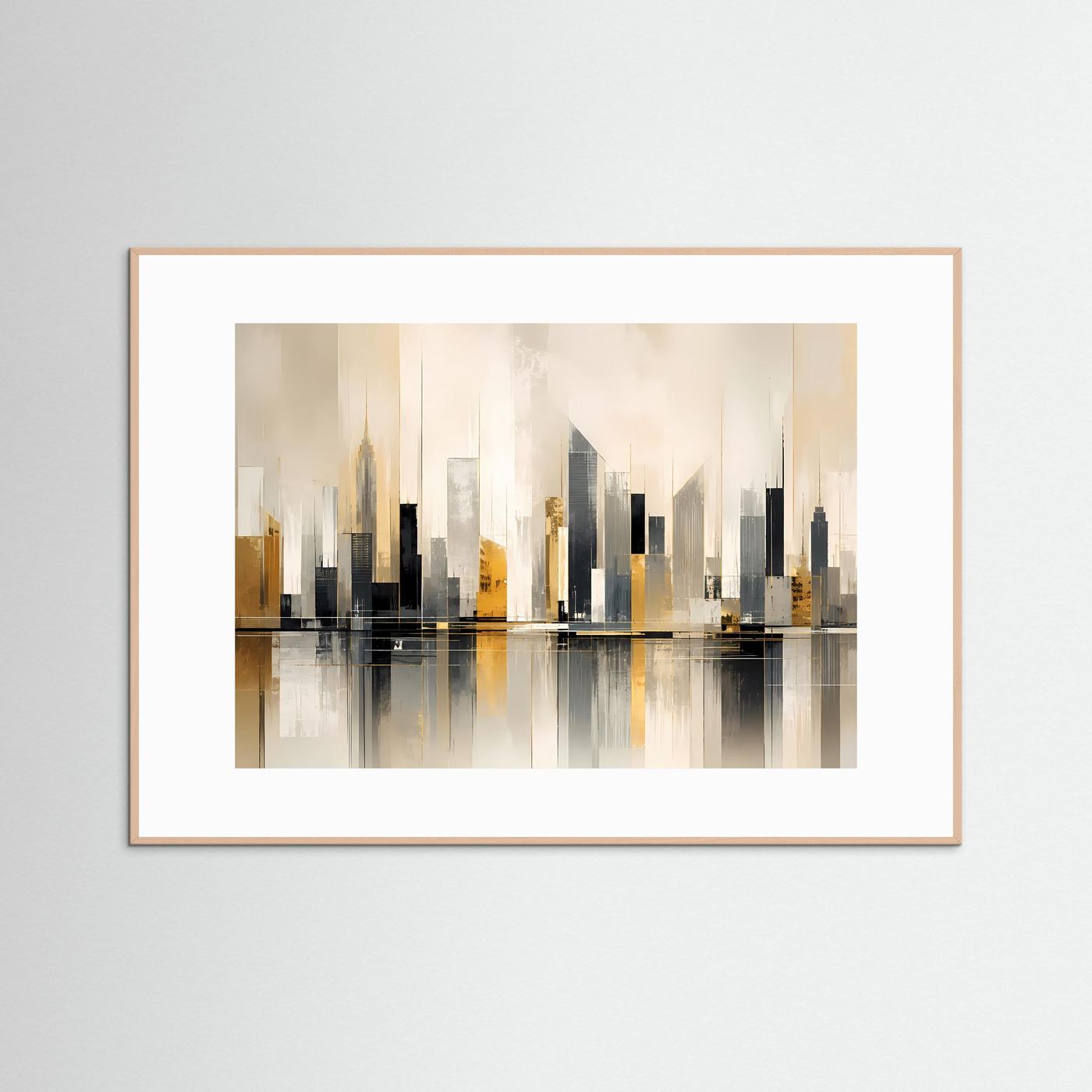 Poster Querformat mit abstrakter Skyline in Beige, Schwarz und Gold, brauner Holzrahmen