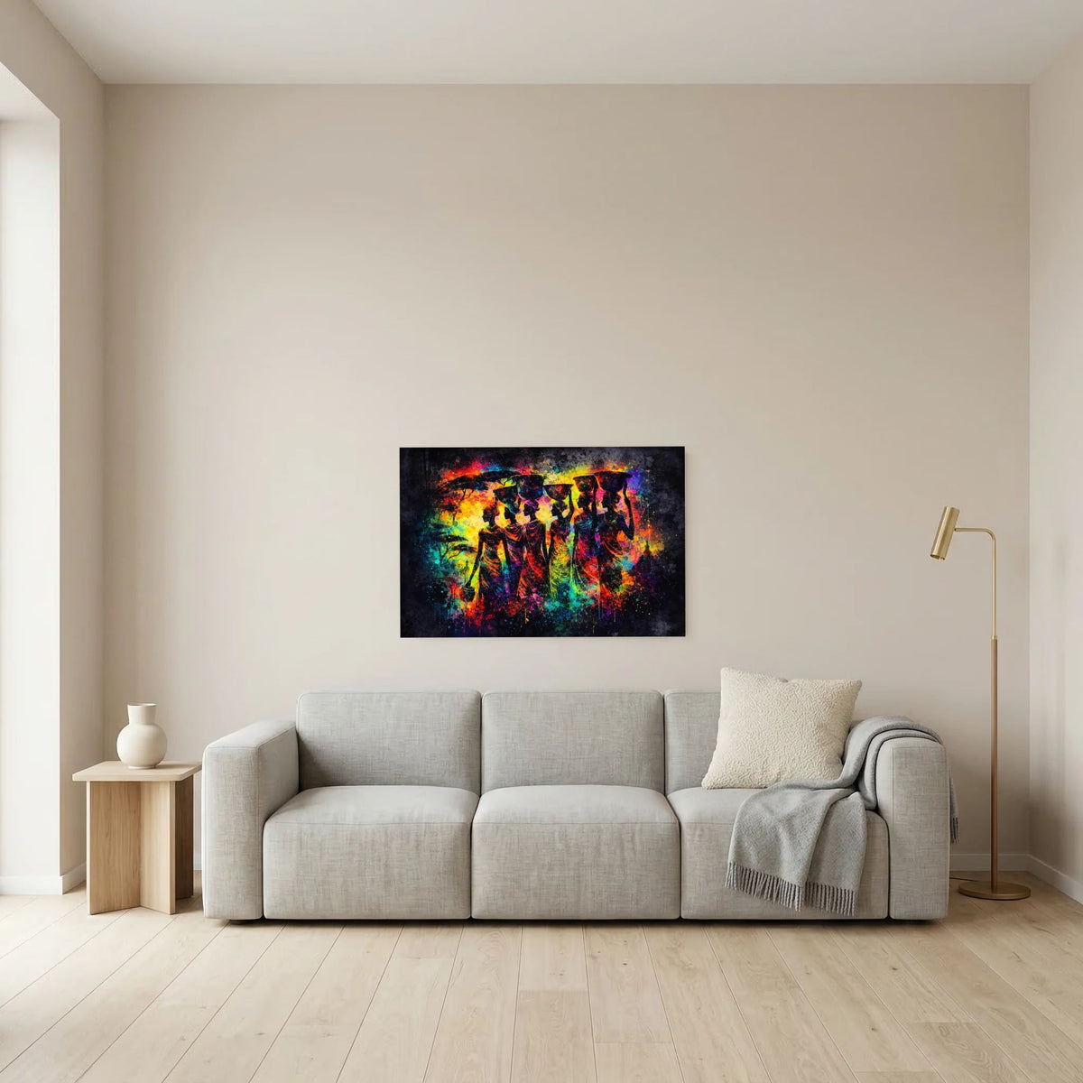 Gerahmtes Wandbild mit farbigen Silhouetten afrikanischer Frauen, querformat