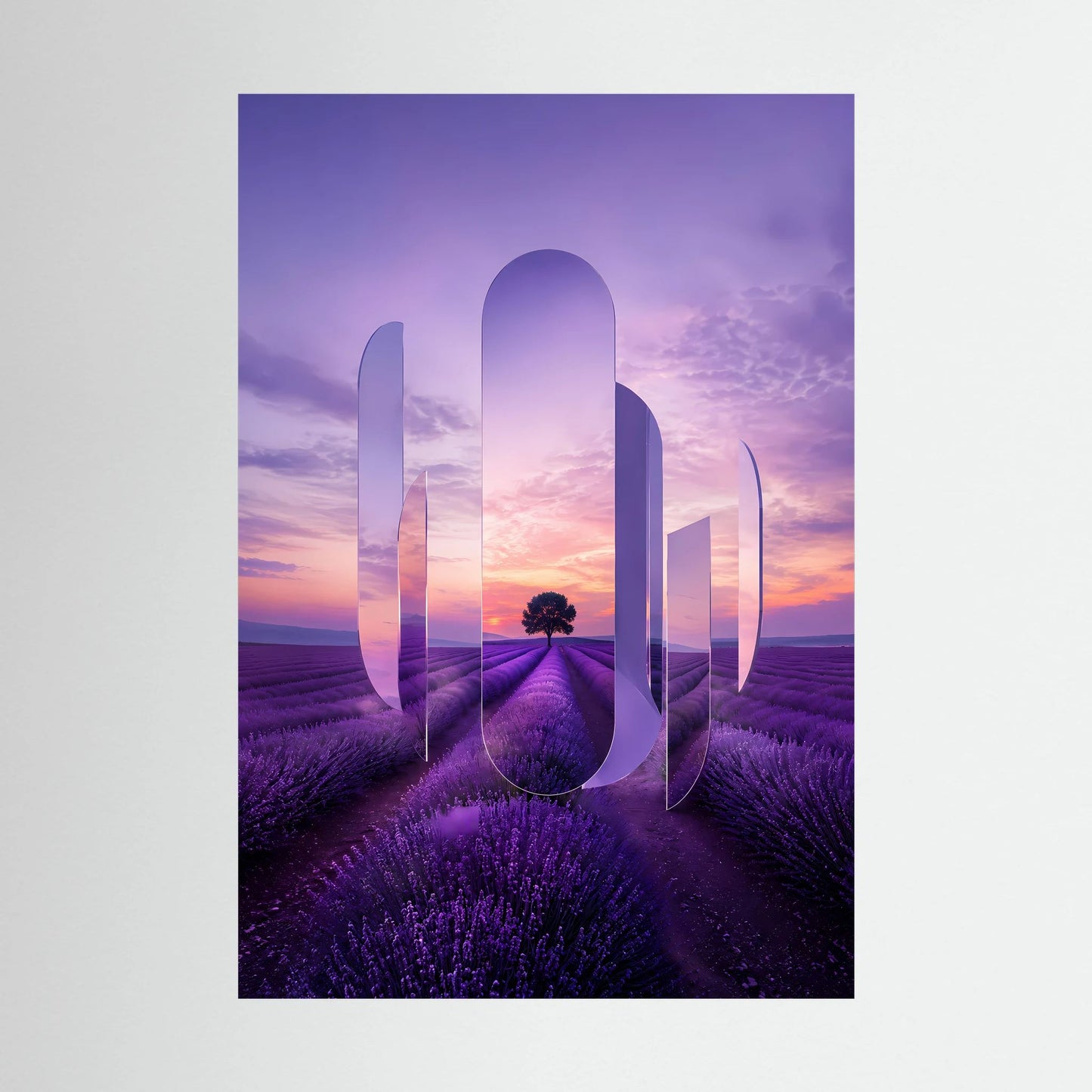 Kunstposter im Hochformat: Lavendelfeld bei Dämmerung mit violetten, ovalen Spiegelformen