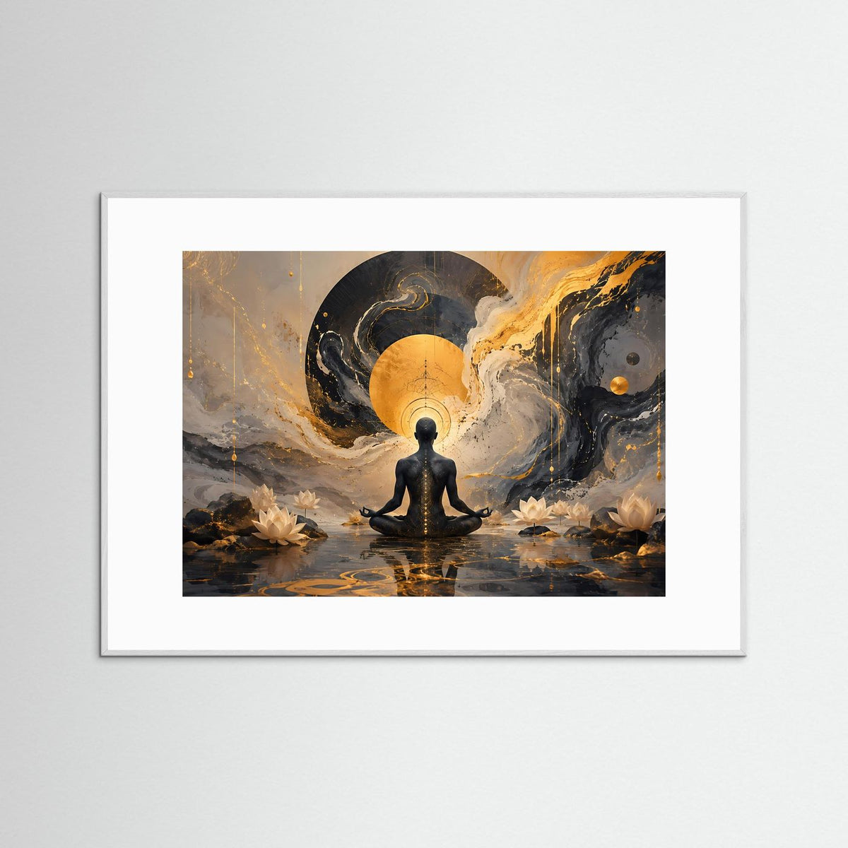Gerahmtes Meditationsposter mit weißem Rahmen und gold-schwarz abstrakter Hintergrundspirale