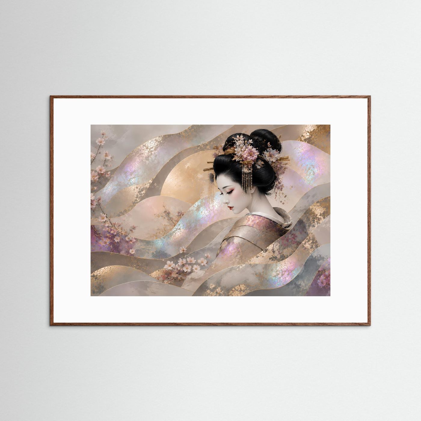 Japanische Wandkunst mit Geisha und Kirschblüten, brauner Holzrahmen, weißes Passepartout