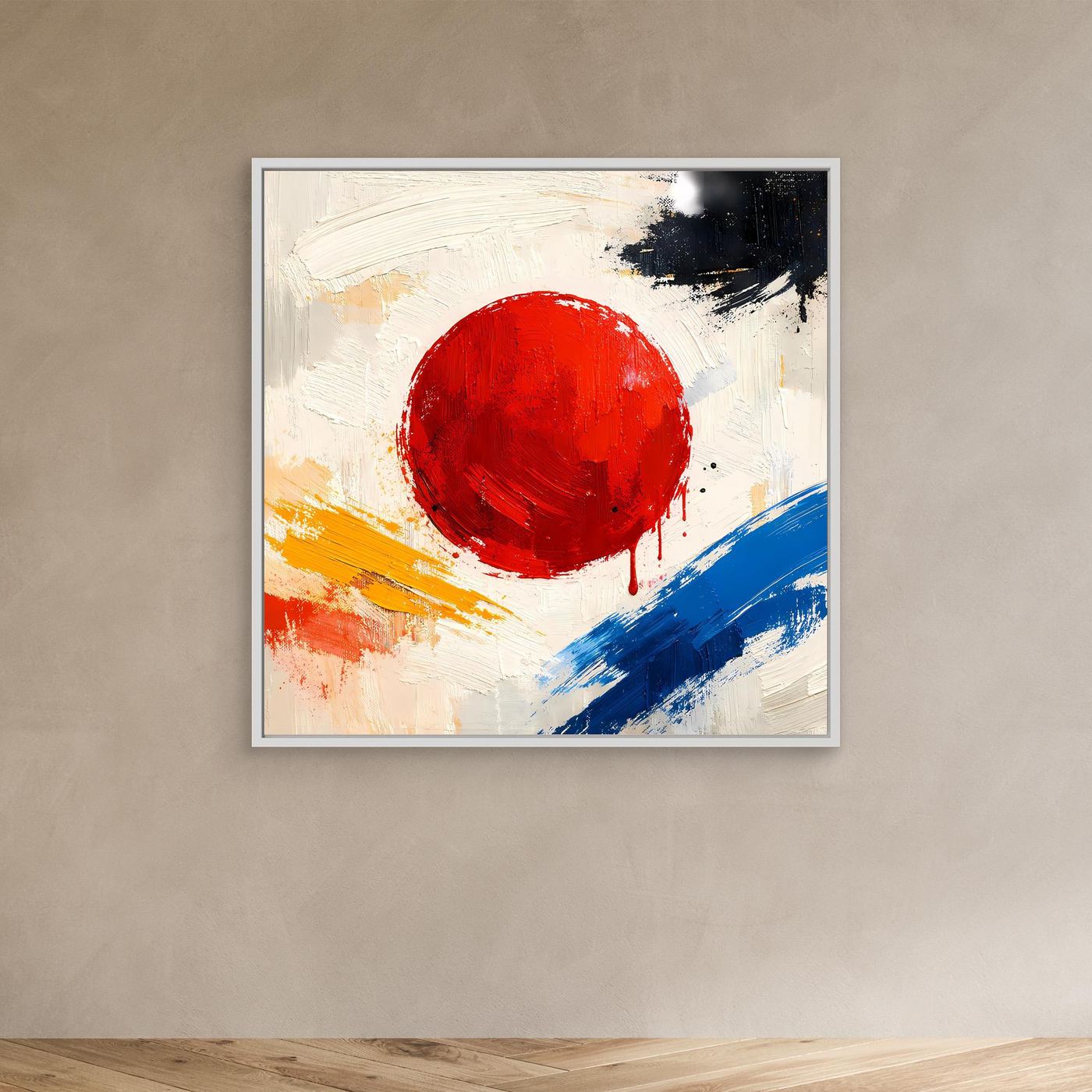 Abstract canvas wall art with a silver-gray frame, large red circle, blue diagonals, black paint marks