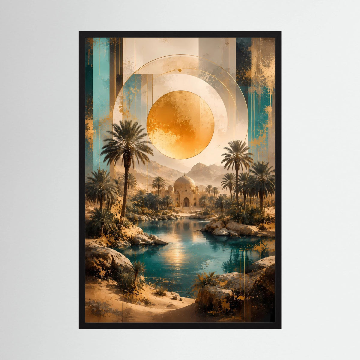 Hochformat-Poster mit goldener Sonne, türkisfarbenem Fluss und Palmen, schwarz gerahmt