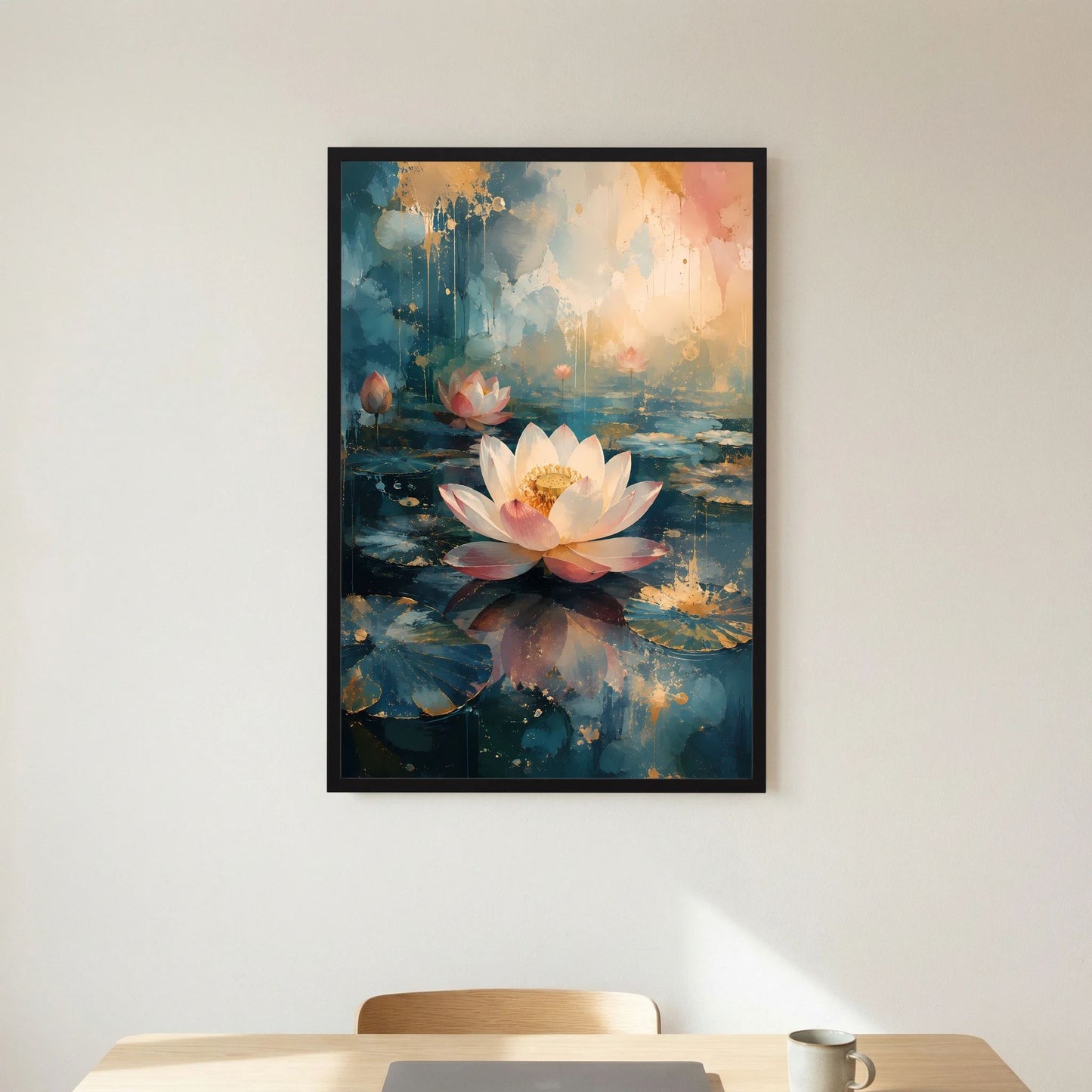 Hochformatiges Lotus-Kunstposter im schwarzen Rahmen, weiße Blüte mit goldenen Akzenten auf blauem Wasser