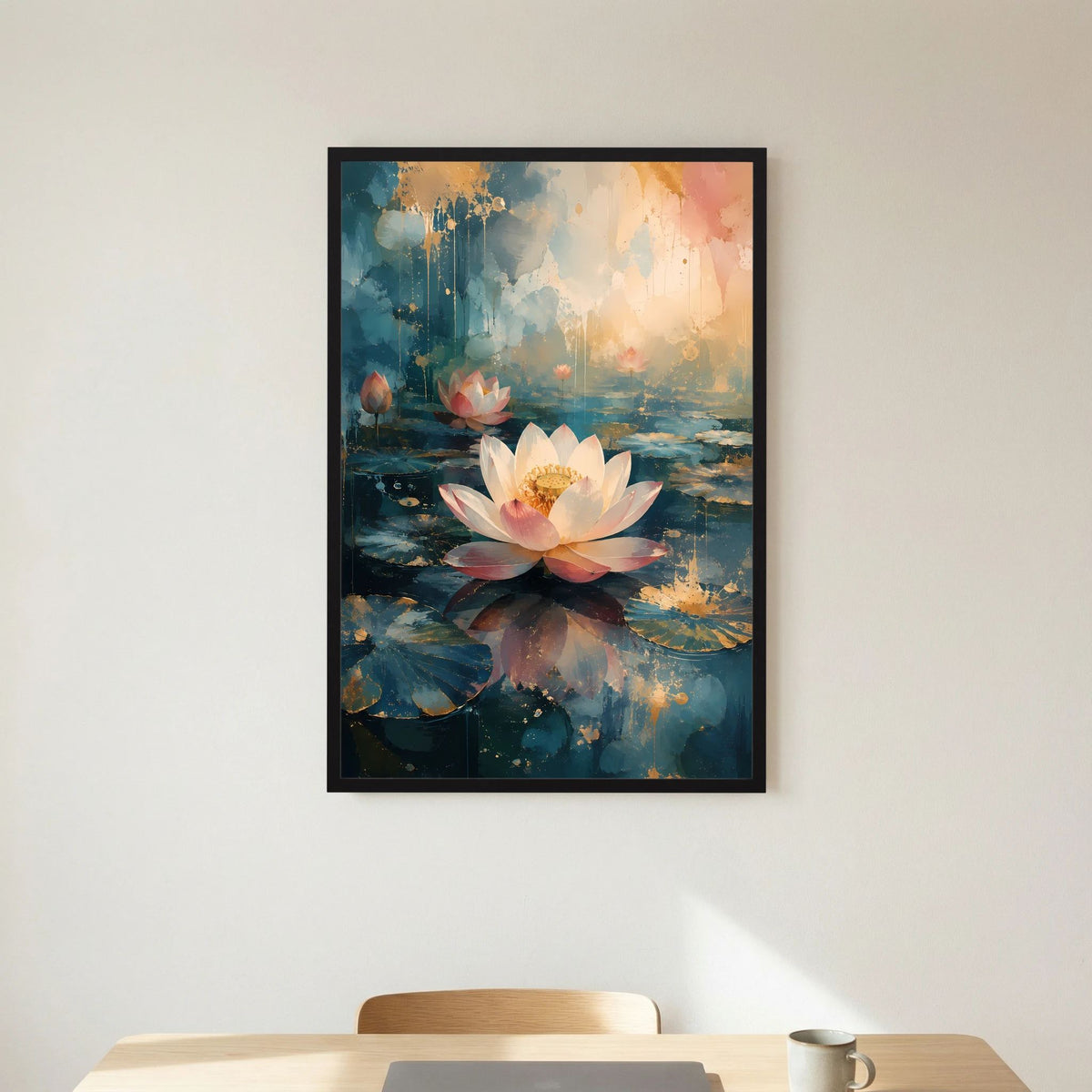 Hochformatiges Lotus-Kunstposter im schwarzen Rahmen, weiße Blüte mit goldenen Akzenten auf blauem Wasser
