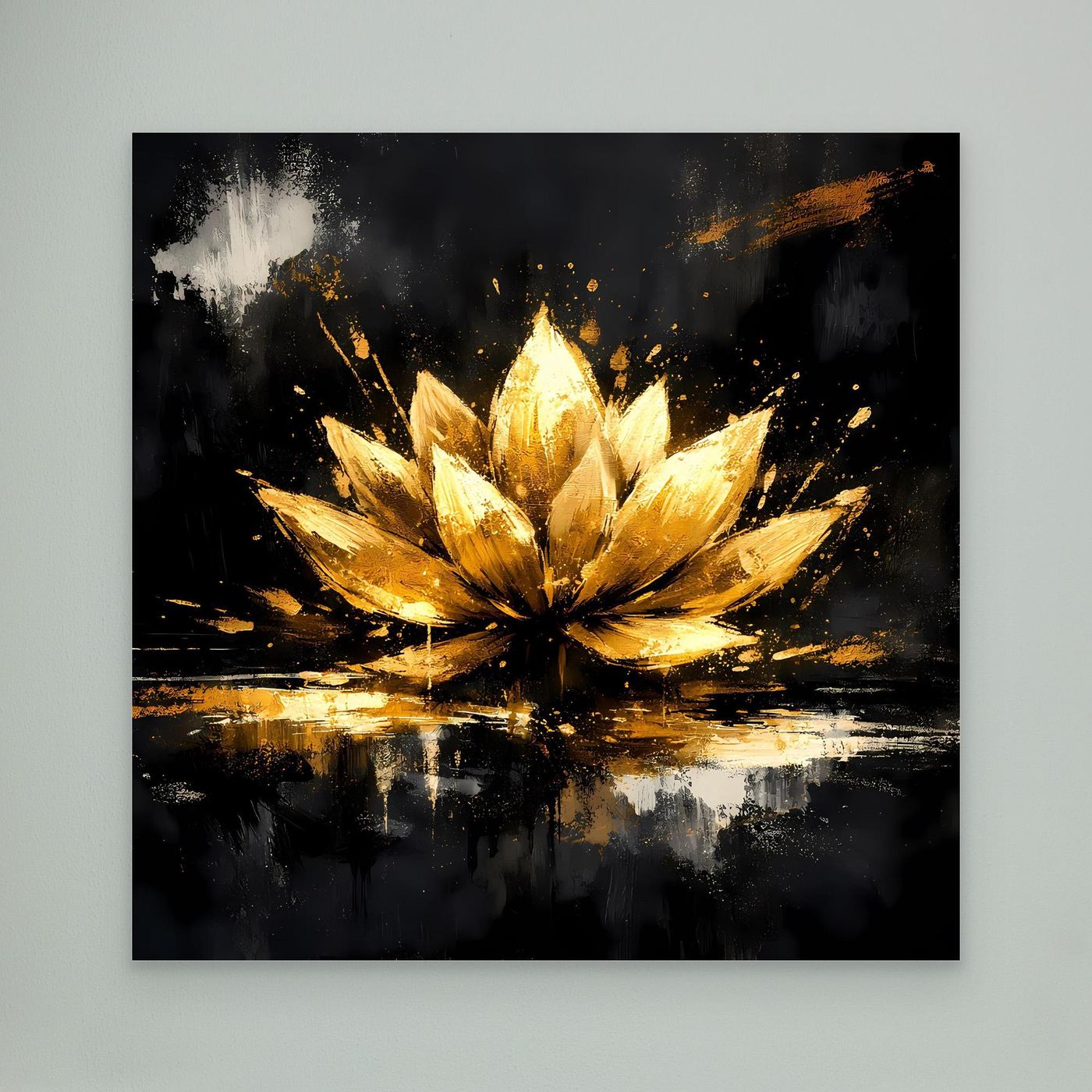 Leinwand Goldene Lotusblüte Abstrakt | Modernes Lotus Wandbild Schwarz Gold