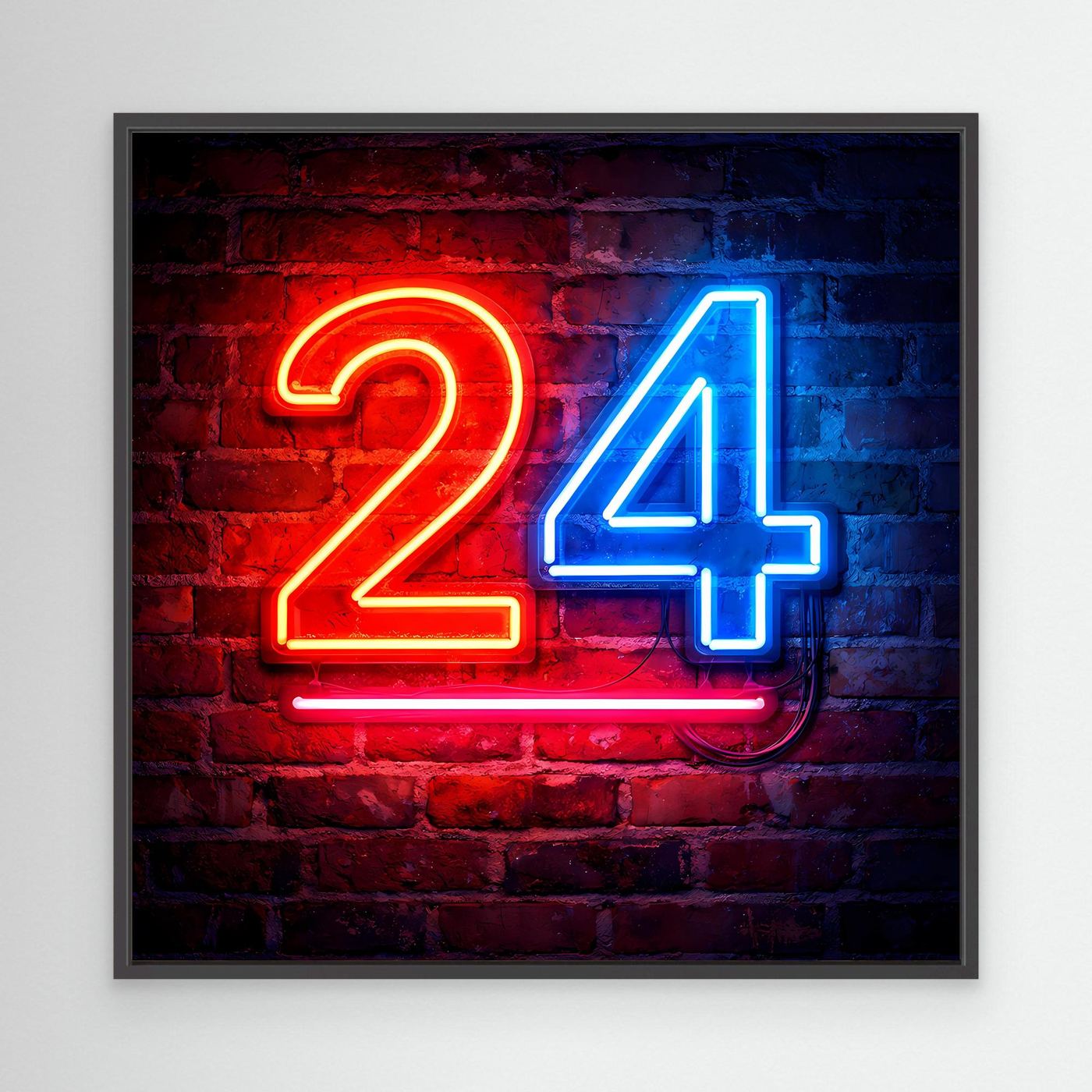 Neon-Wandbild Zahl 24, rot-blau auf Backstein, mit schwarzem Rahmen