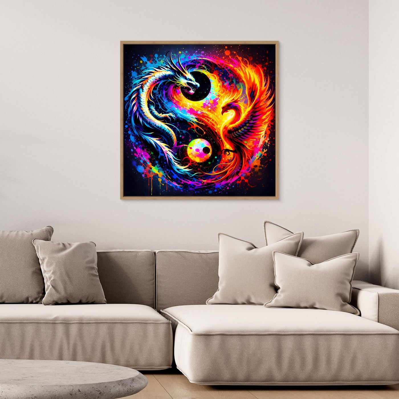 Leinwandbild mit Yin-Yang-Drachen und Phönix, bunt, schwarzer Rahmen