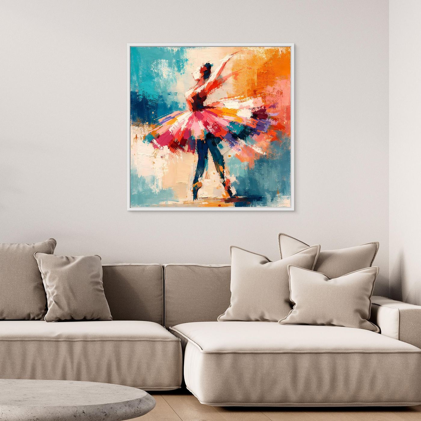 Abstract ballerina canvas wall art with light frame and multicolor tutu