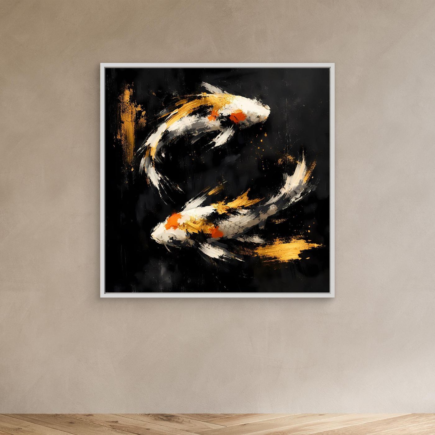 Leinwand Abstrakte Koi-Fische in Gold und Orange | Modernes Yin Yang Wandbild