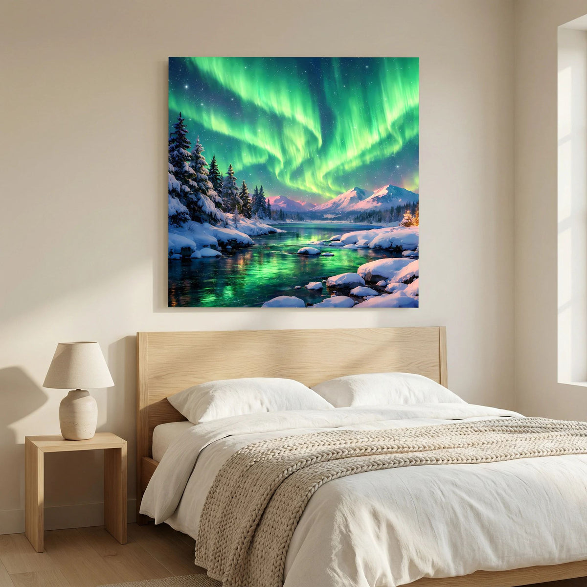 Leinwandbild auf Holzkeilrahmen mit Aurora am Nachthimmel über verschneiten Ufern
