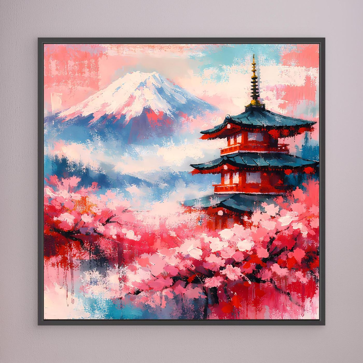 Wandbild auf Leinwand: Mount Fuji, Pagode und Kirschblüten, dunkel gerahmt