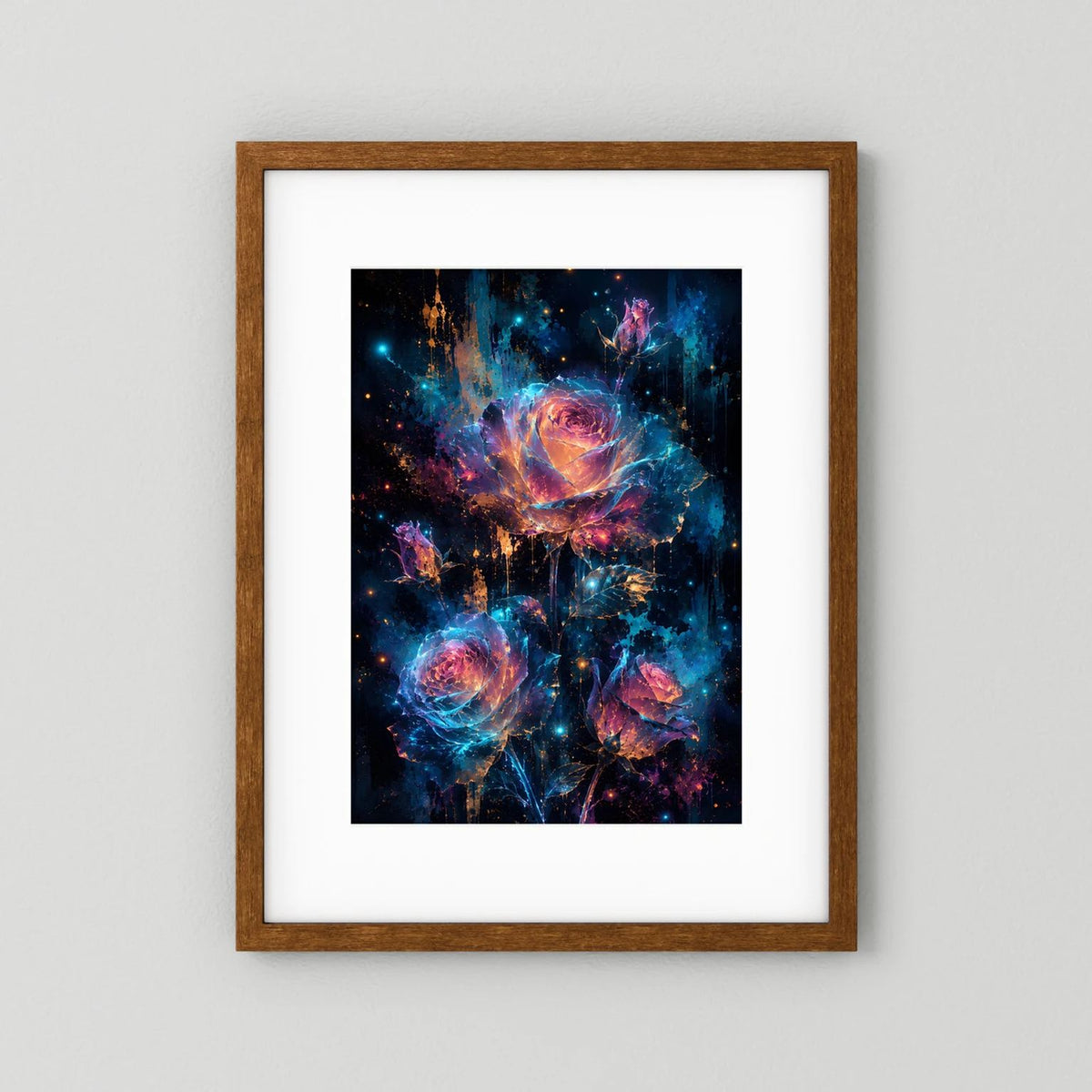 Wandbild mit leuchtendem Rosenmotiv in Blau, Pink und Gold, brauner Holzrahmen und Passepartout