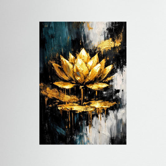 Abstraktes Lotusposter mit goldenen Blüten, Teal und schwarz-weißen Farbflecken
