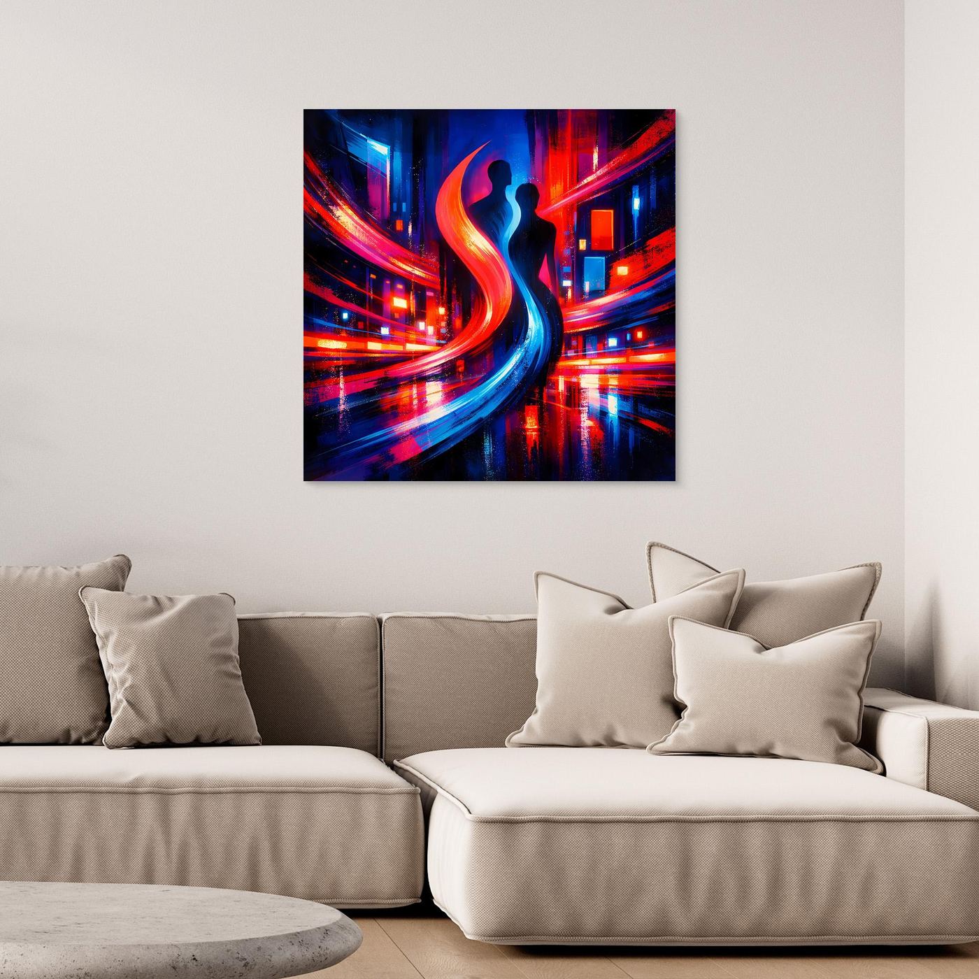 Wandbild mit abstrakter Cyberpunk-Szene und Paar-Silhouette in Blau und Rot, schwarzer Rahmen