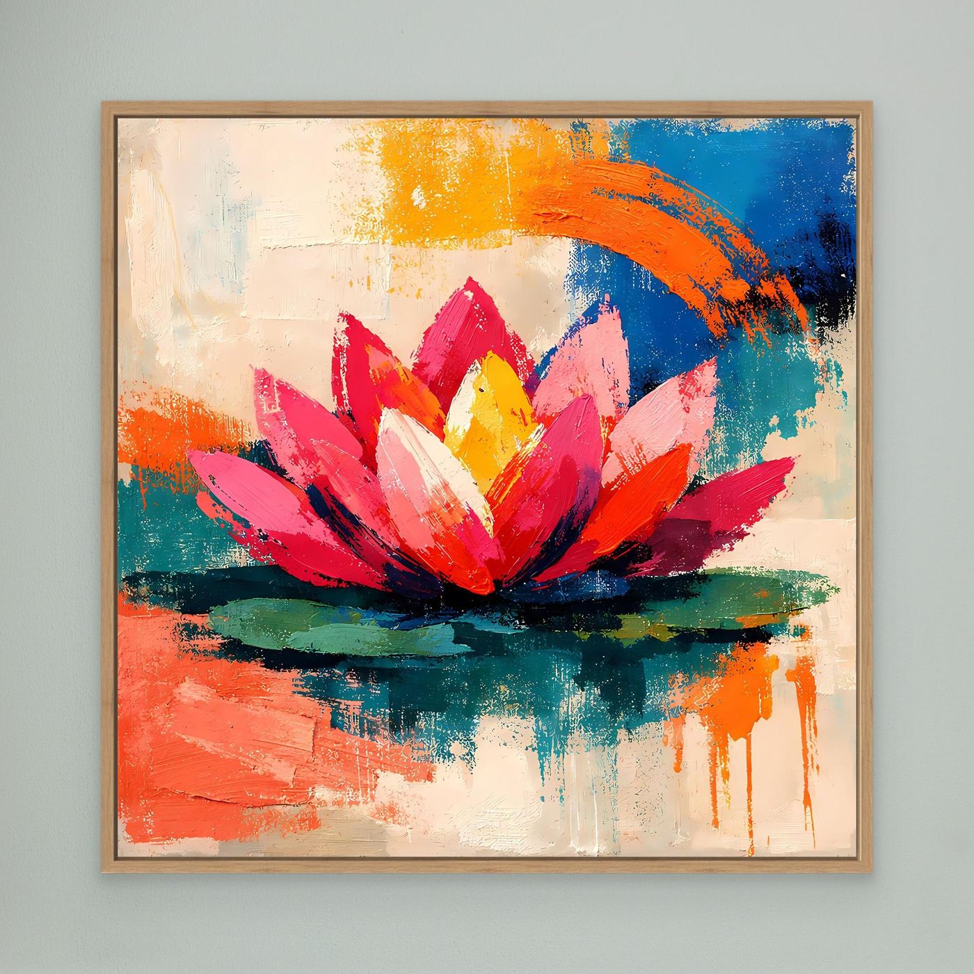Oak-framed abstract lotus painting with pink petals, yellow center, and orange-blue brushstrokes.
