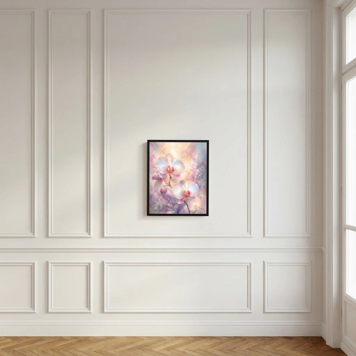 Kleines Wandposter im schwarzen Rahmen: pastellfarbene Orchideenblüten mit leuchtendem Kreis-Motiv