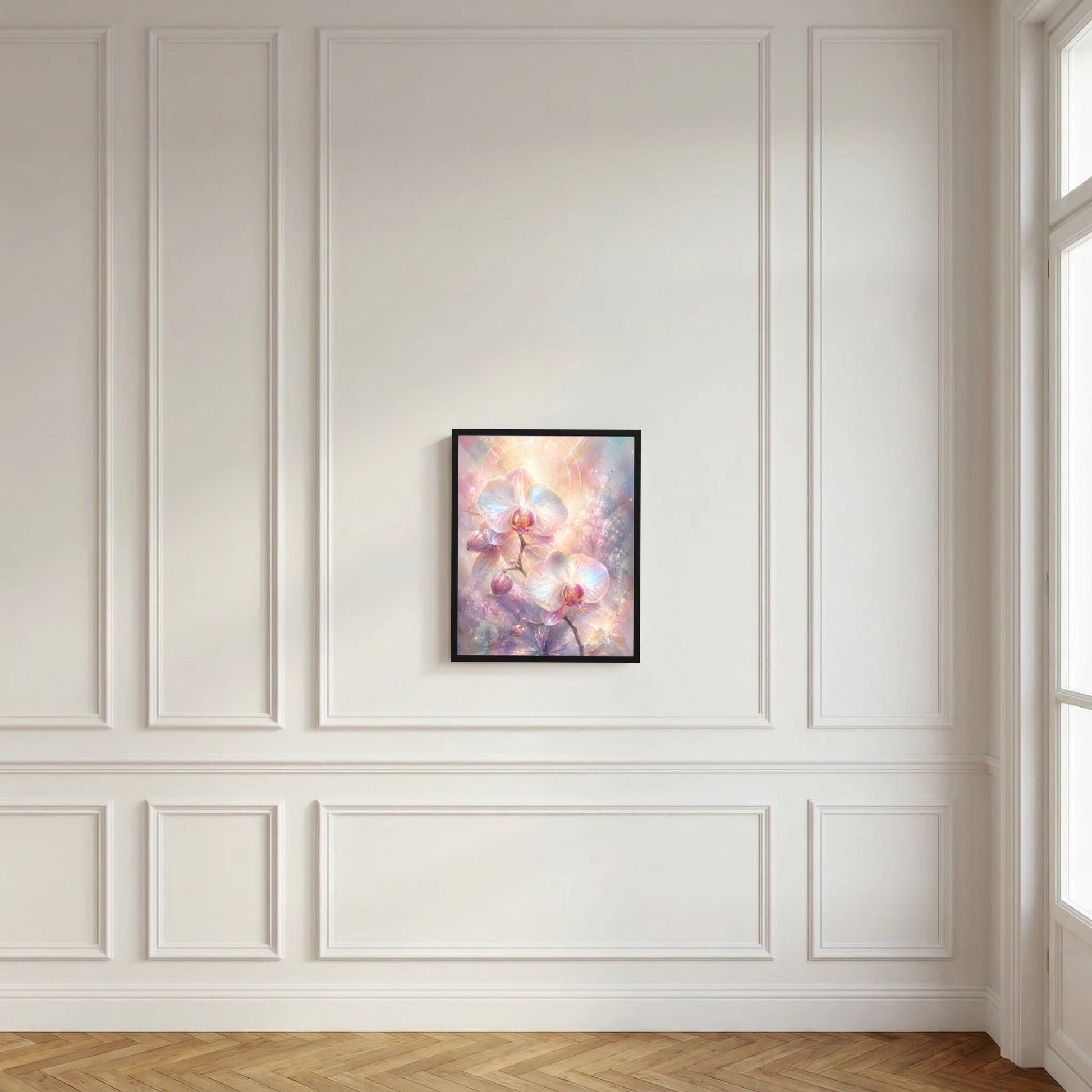 Kleines Wandposter im schwarzen Rahmen: pastellfarbene Orchideenblüten mit leuchtendem Kreis-Motiv