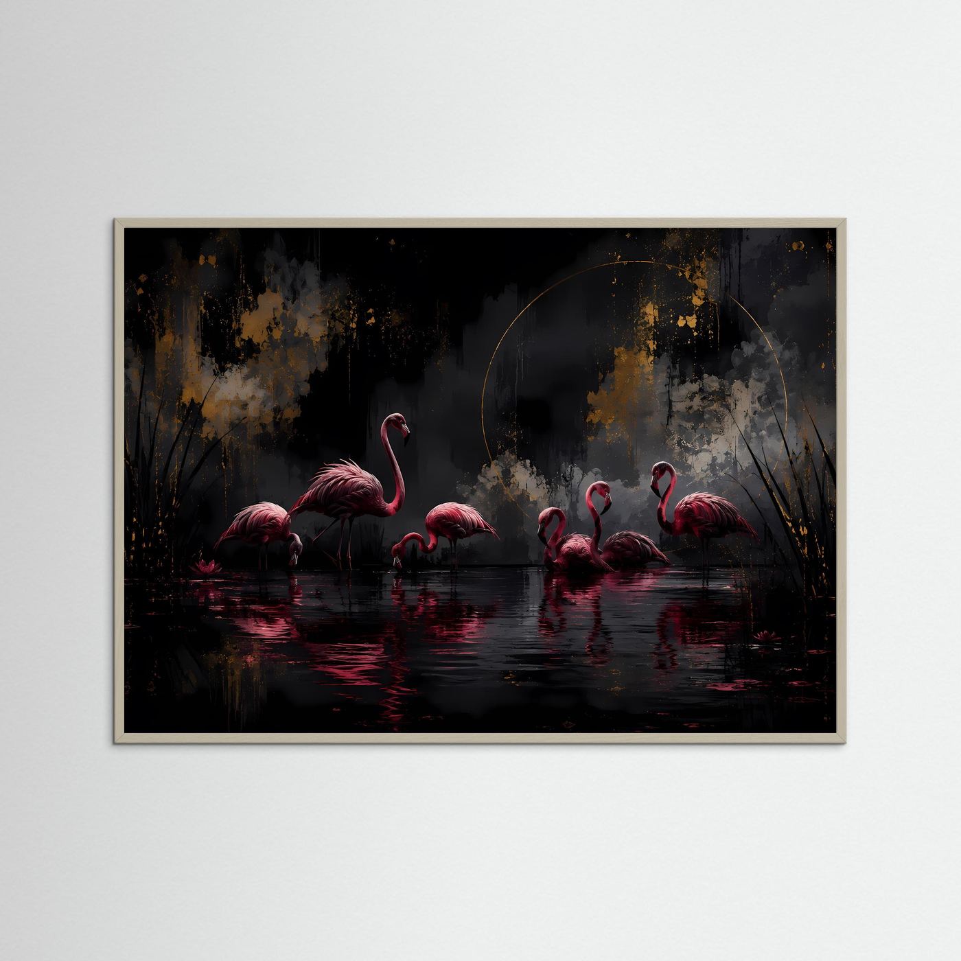 Flamingos in der Dunkelheit | Elegante Schwarz-Gold Wandkunst mit Pink – Modernes Poster Querformat