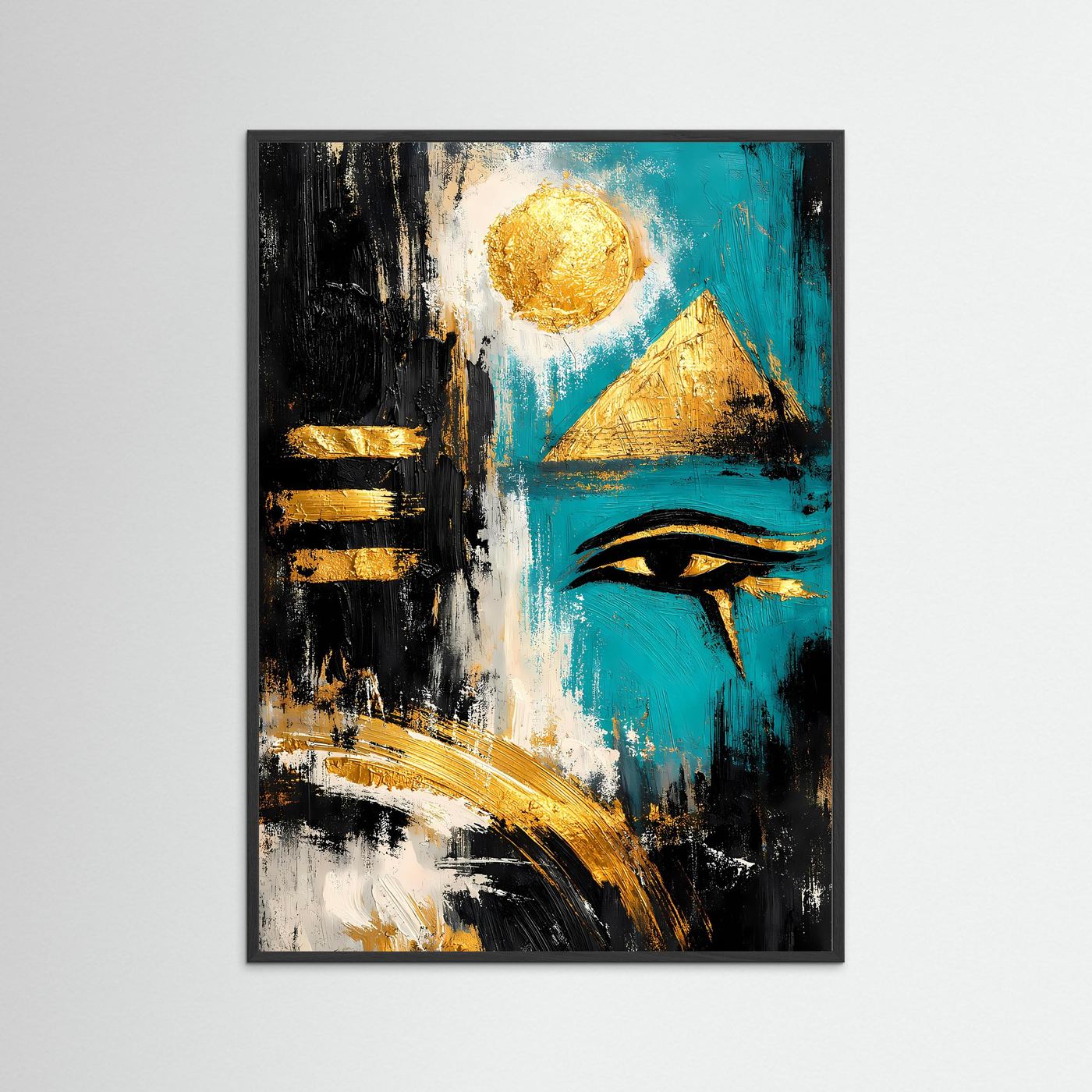 Abstraktes Ägypten-Poster „Auge des Horus“ in Türkis, Schwarz und Gold im schwarzen Rahmen