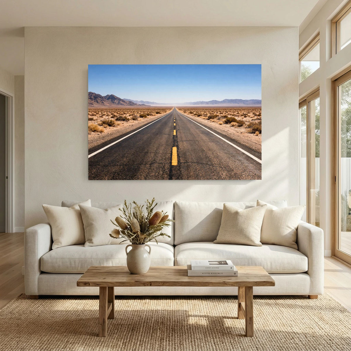 Wandbild quer an der Wand: Straße durch Wüstenlandschaft mit Bergen im Hintergrund.