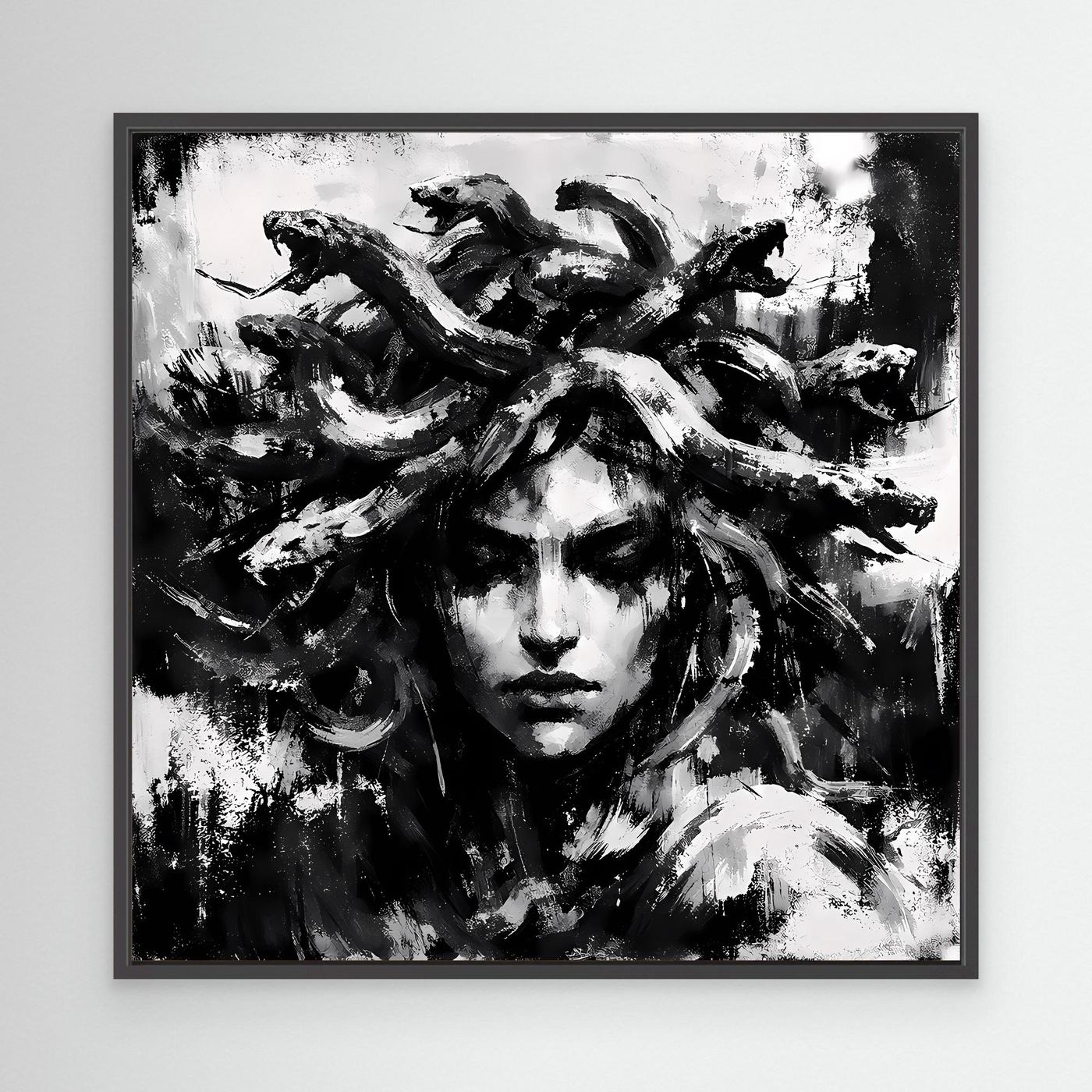 Black-framed abstract Medusa portrait canvas in black and white, textured brush strokes.