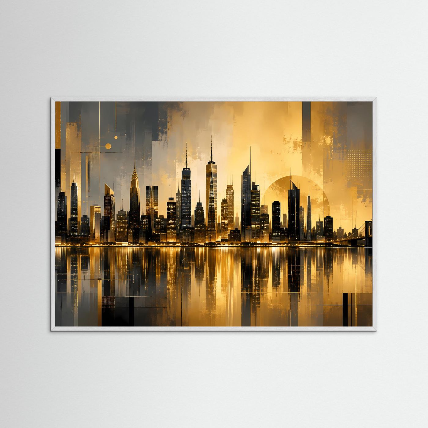 Goldene Skyline am Wasser | Moderne abstrakte City Kunst