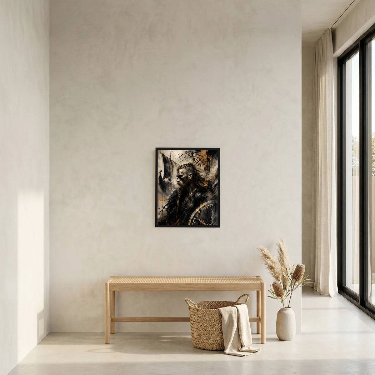 Gerahmtes Hochformat-Kunstposter an der Wand: Wikingerkrieger im Profil, Runen, Langschiff.