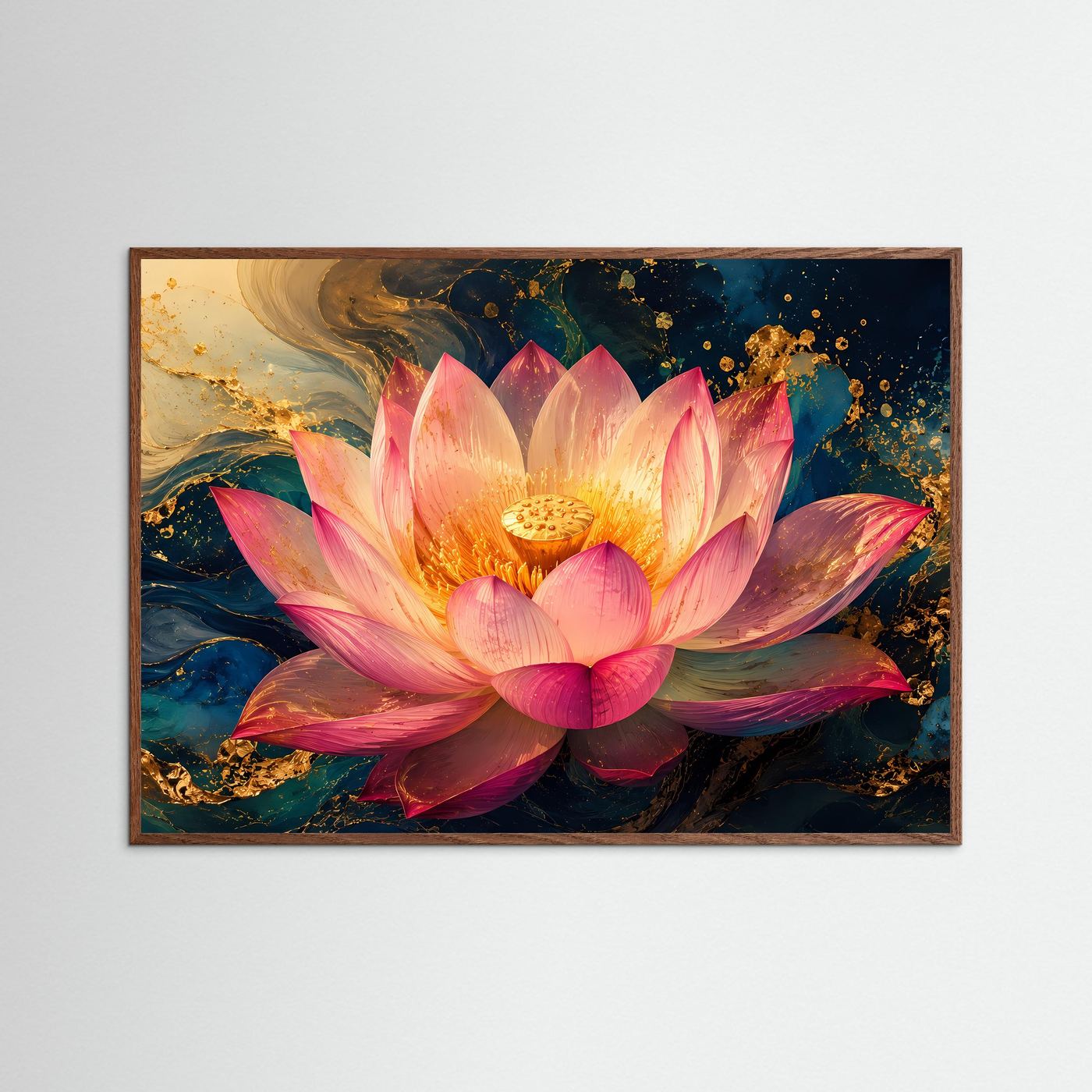 Lotusblüte Poster | Elegante Lotusblume Wandbild | Abstrakte Blumenkunst in Blau und Gold | Moderne Premium Wall Art