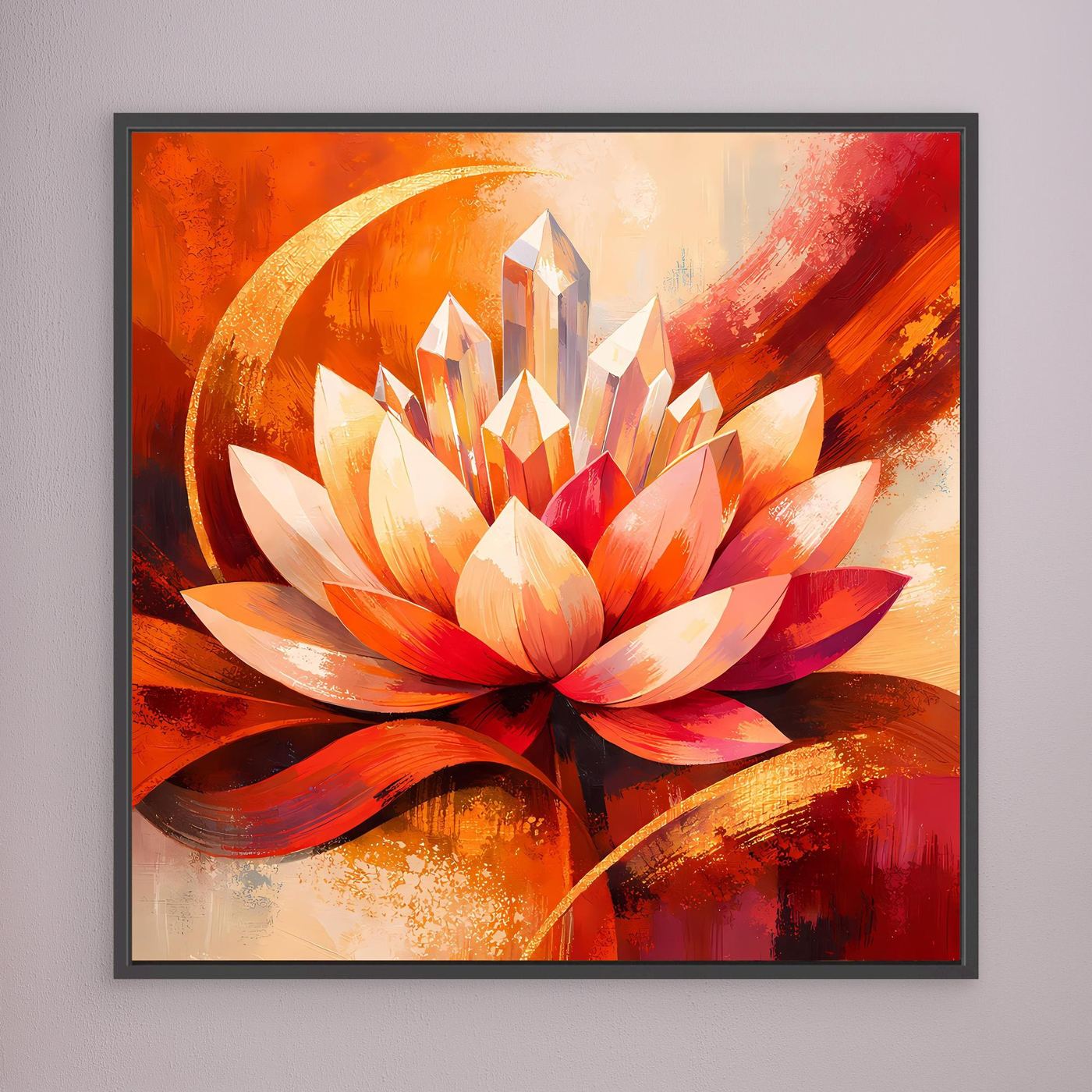 Leinwandbild mit Lotusblüte in Orange und Rot, schwarzer Rahmen