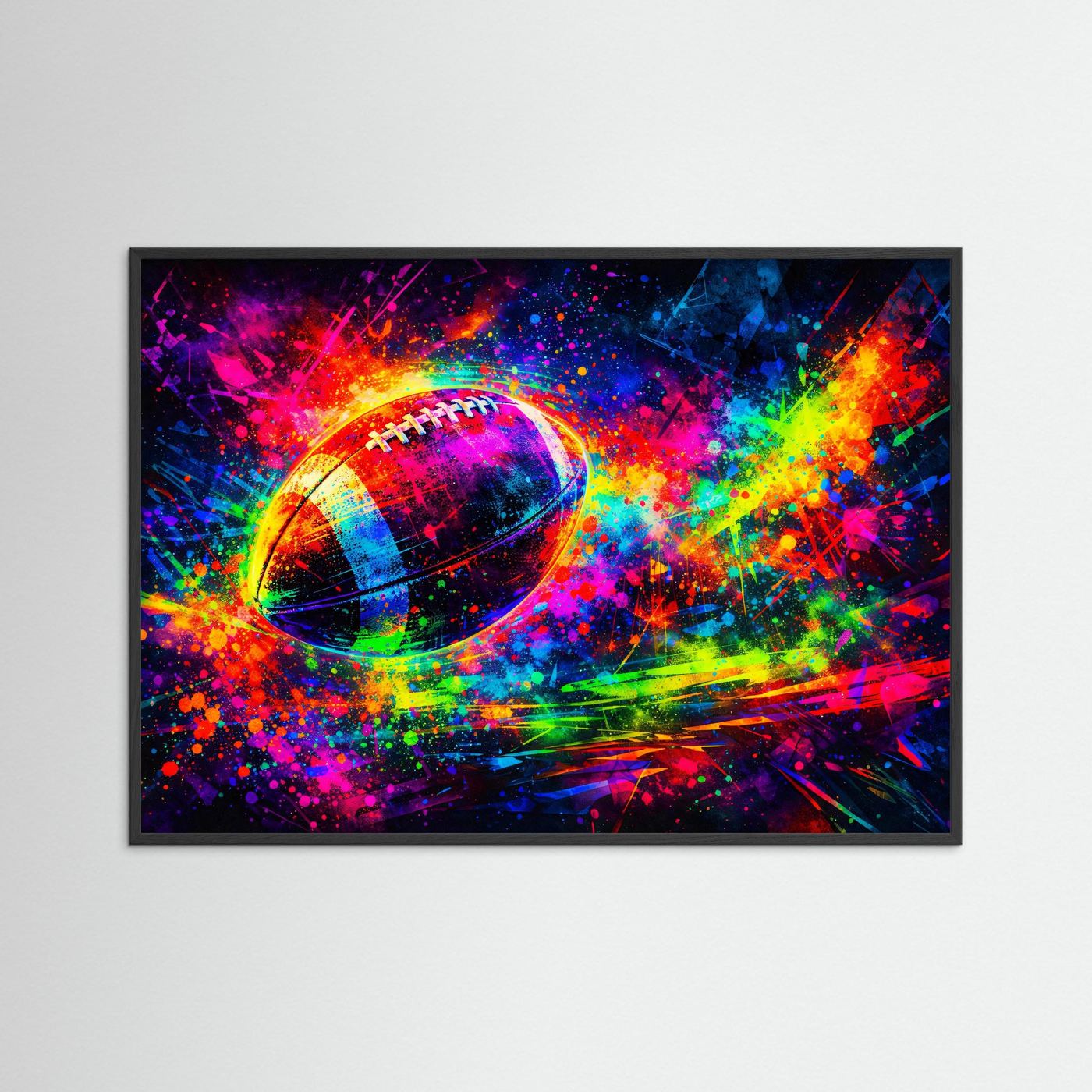 Neon-Sportposter mit Fußball-Motiv, bunten Farbspritzern und schwarzem Rahmen