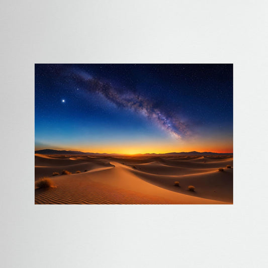 Querformat-Poster mit Sternenhimmel über Sanddünen im warmen Sonnenuntergang