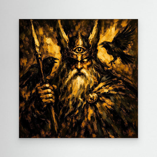 Wandbild mit abstrakter Odin-Figur in Goldtönen, mit Speer und Raben
