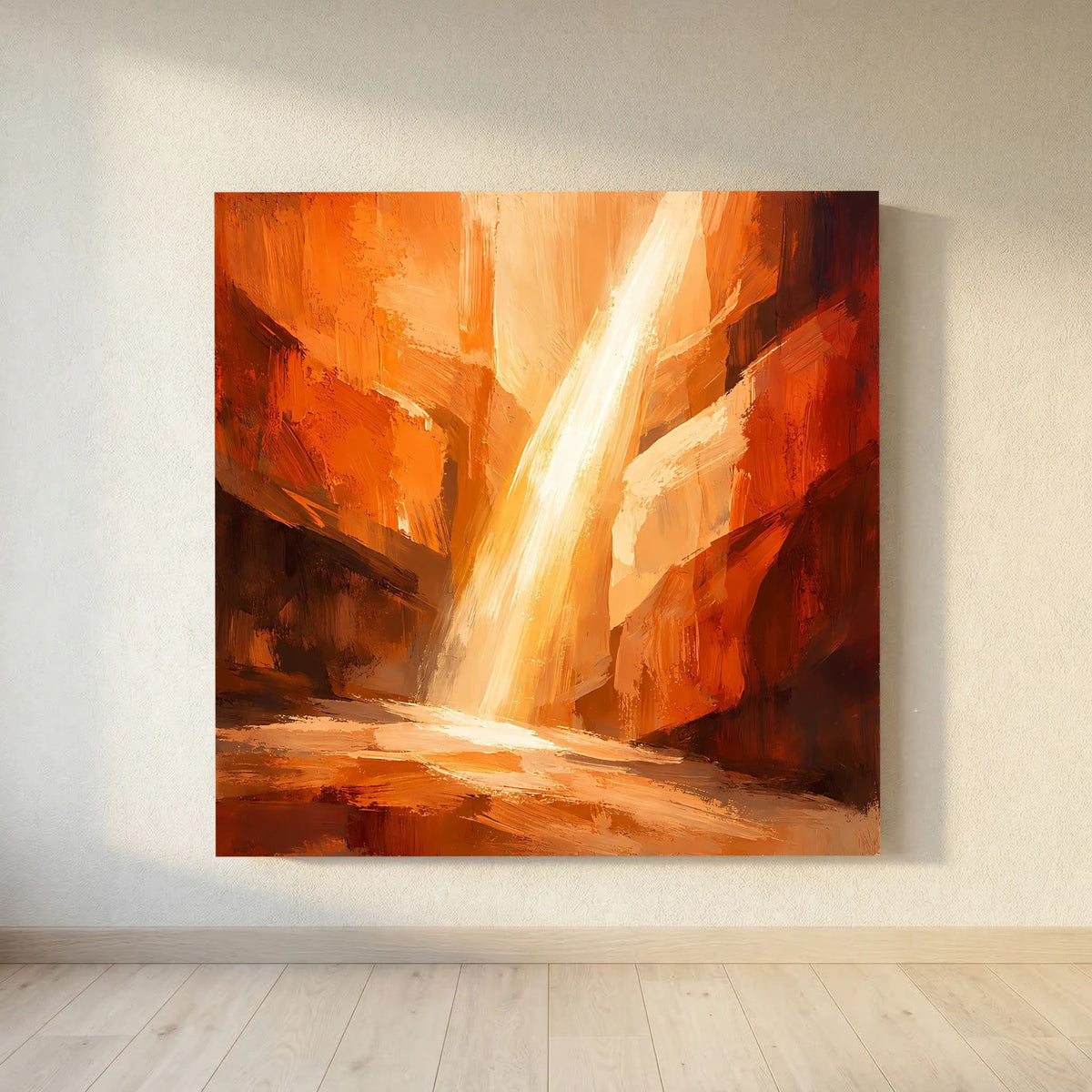 Abstraktes Leinwand-Wandbild mit orangefarbenen Canyon-Felsen und leuchtender Spur
