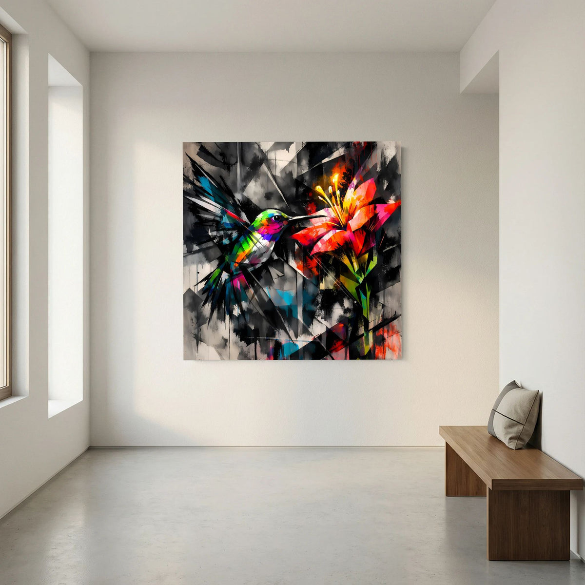 Keilrahmen-Leinwandbild mit Kolibri-Motiv und abstrakten Geometrien, bunt auf schwarz-grau