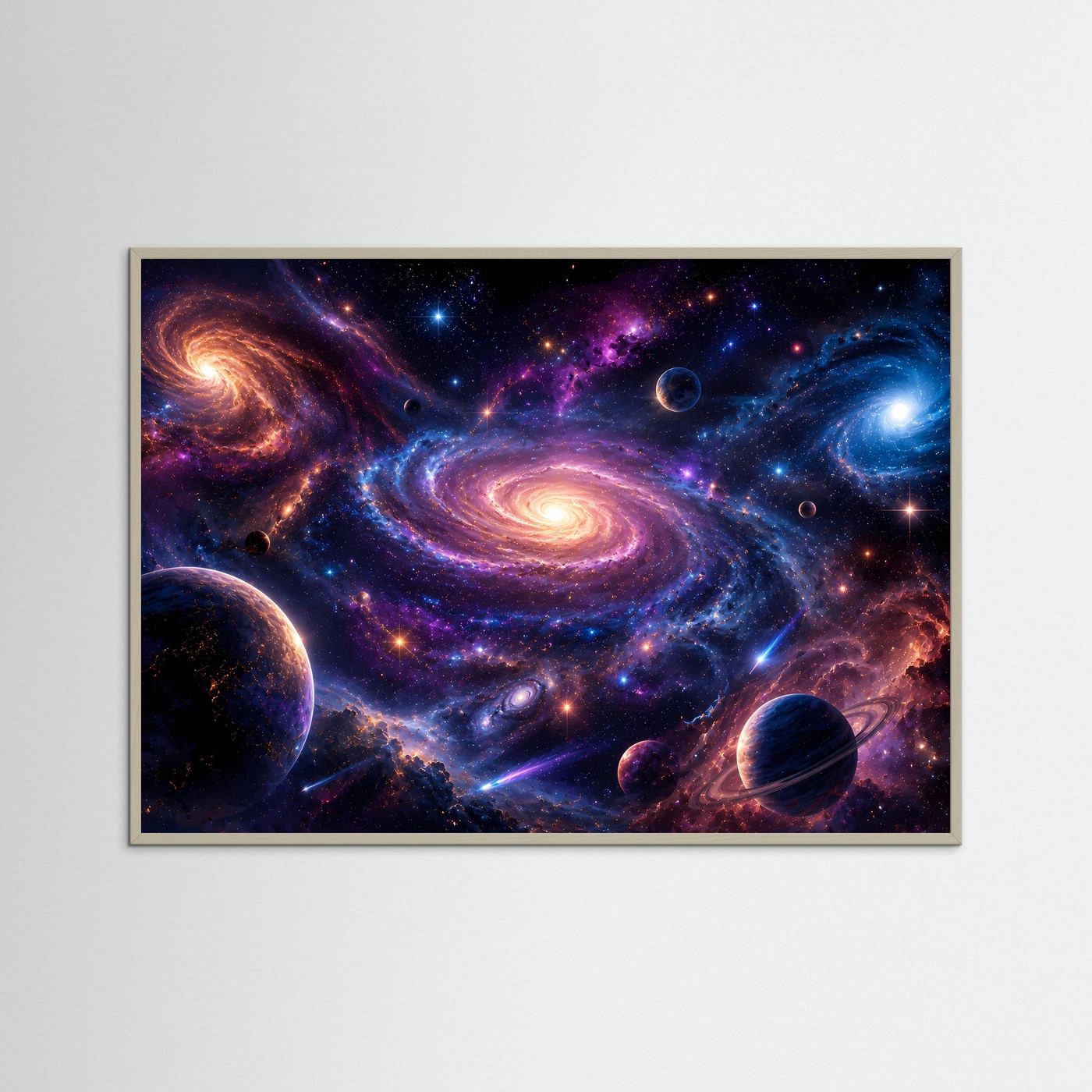 Poster im Querformat mit Galaxien-Motiv, grauer Holzrahmen, Spiralnebel und Planeten