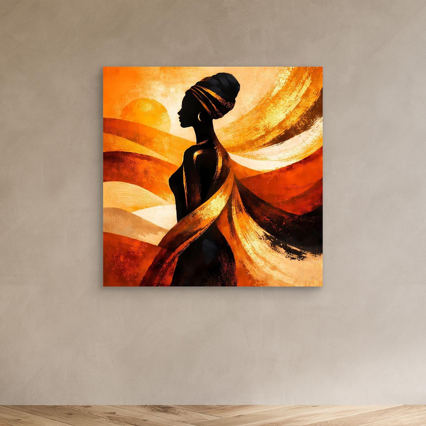 Leinwandbild mit Silhouette afrikanischer Frau in Gold-Orange Farben, schlichter Rand ohne Details