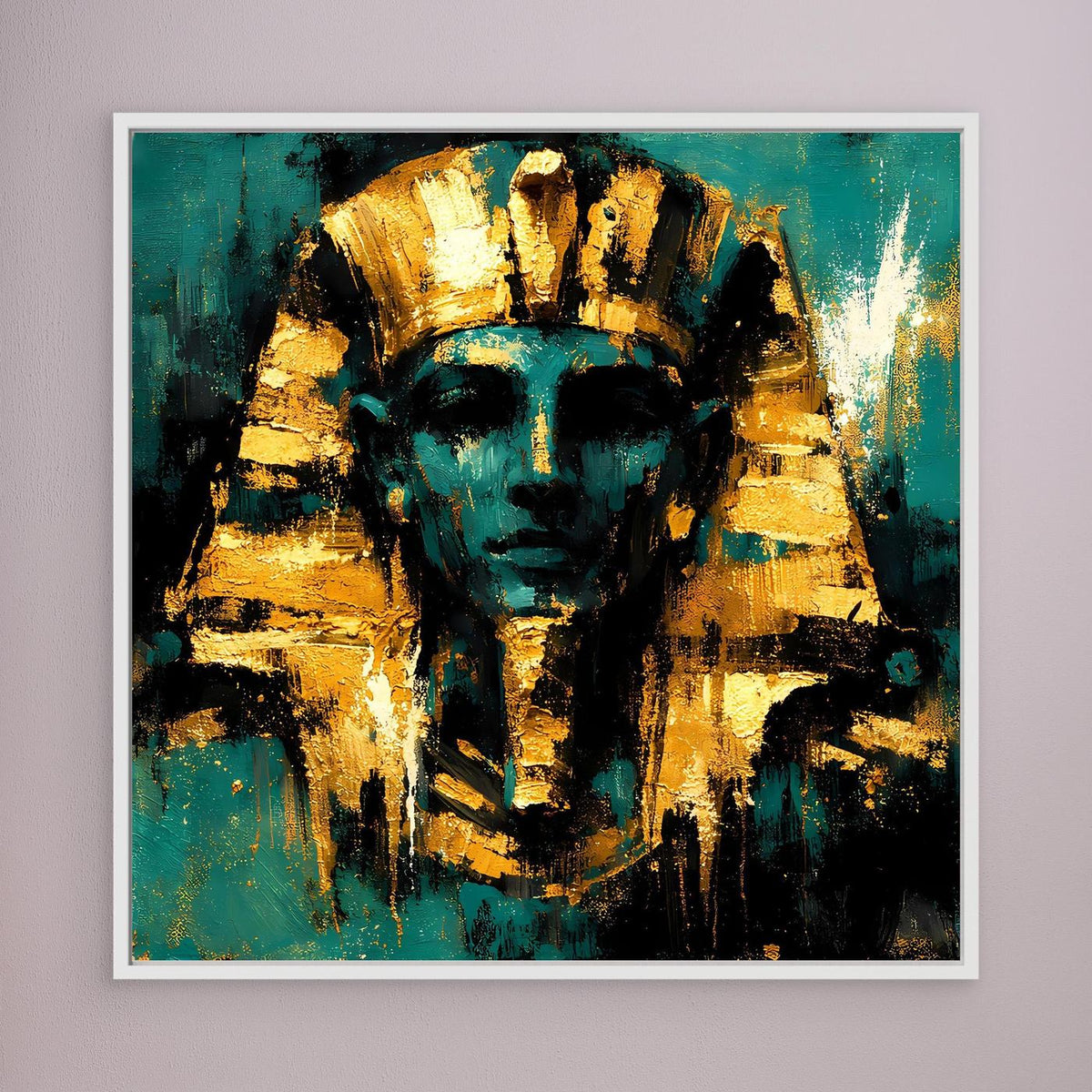 Gerahmtes Leinwand-Wandbild mit abstrahiertem Pharao in Türkis und Gold, weißer Rahmen