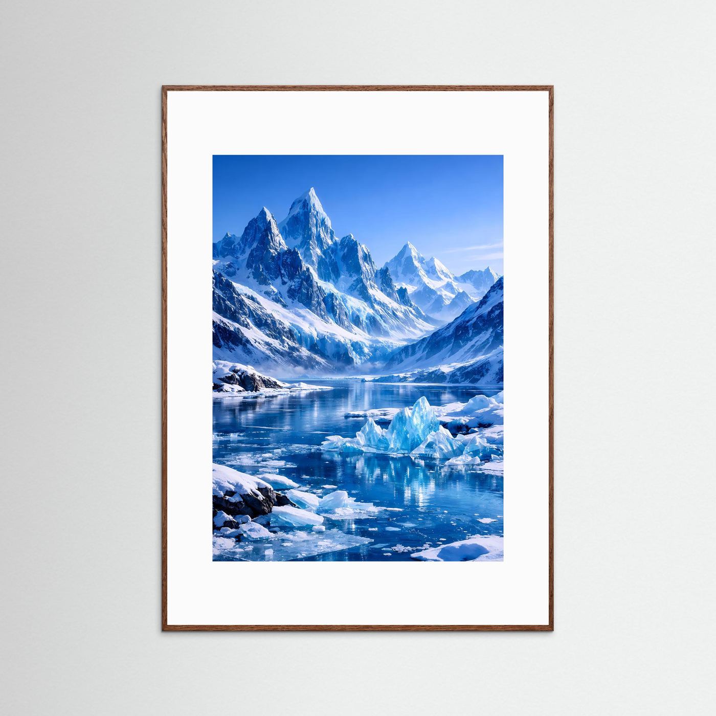Alpinposter im Hochformat mit Gletscher- und Bergmotiv, braun gerahmt