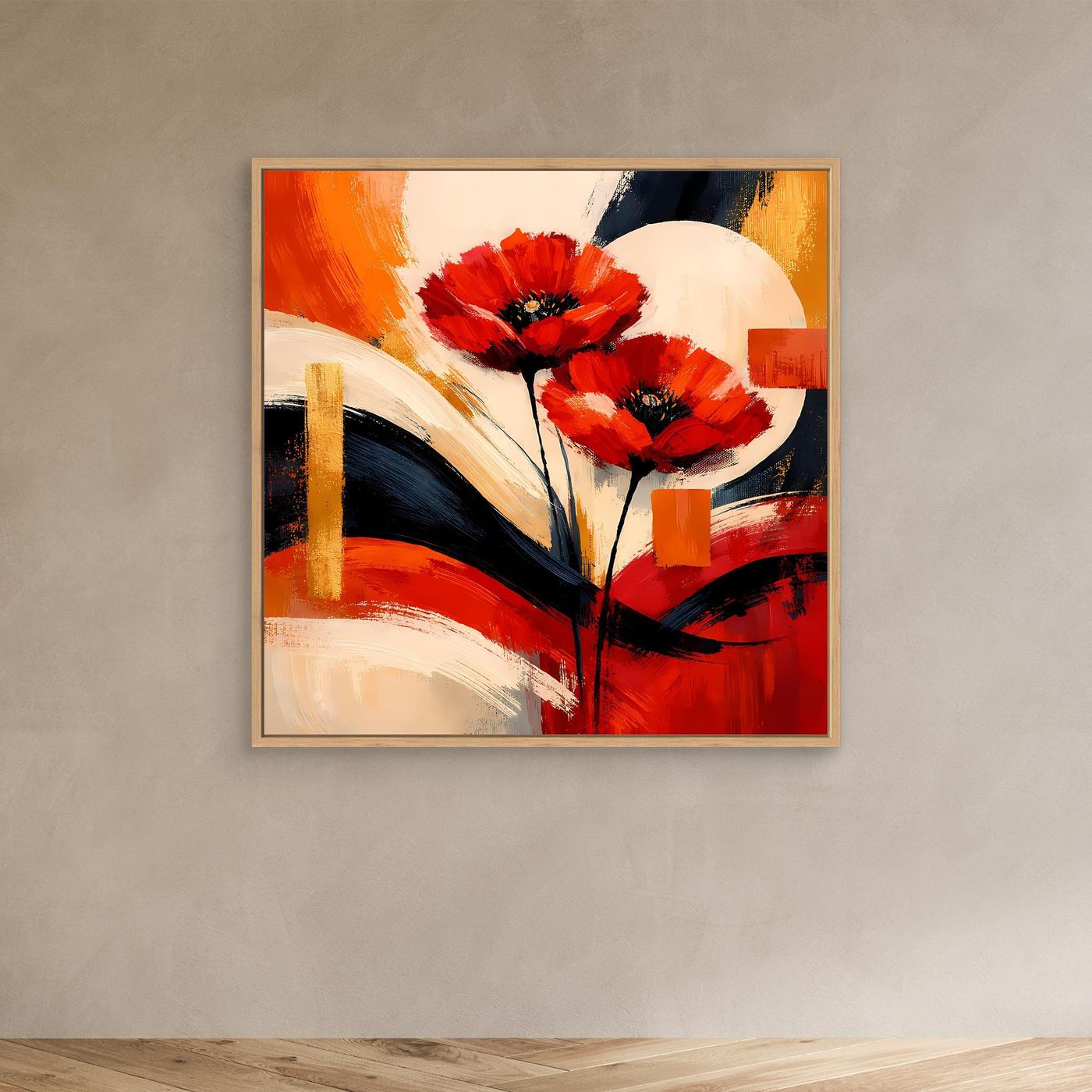 Abstraktes Leinwandbild mit roten Mohnblüten, im hellen Rahmen, mit Pinsel- und Farbflächen
