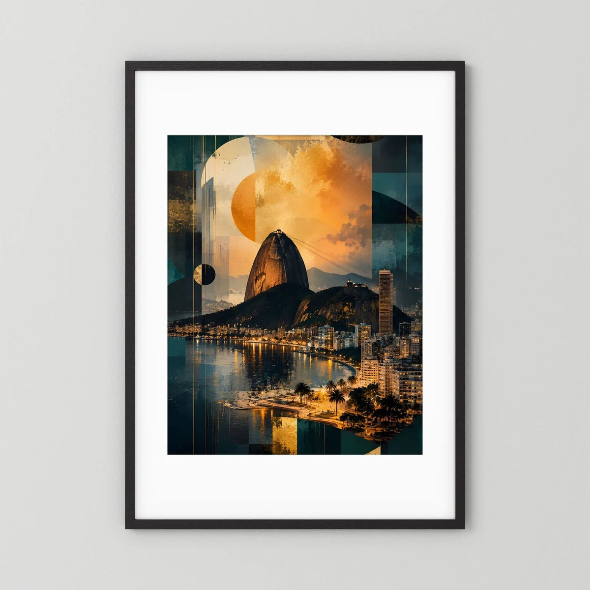 Poster im schwarzen Rahmen mit weißem Rand: abstrakte Skyline mit Zuckerhut, Mond in Petrol/Gold.