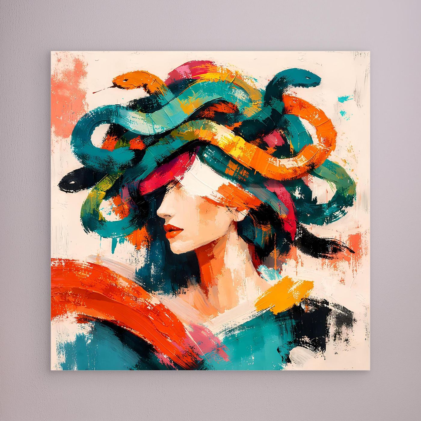 Wandbild mit Medusenmotiv im abstrakten Pop-Art-Stil, farbige Pinselstriche, ohne sichtbaren Rahmen