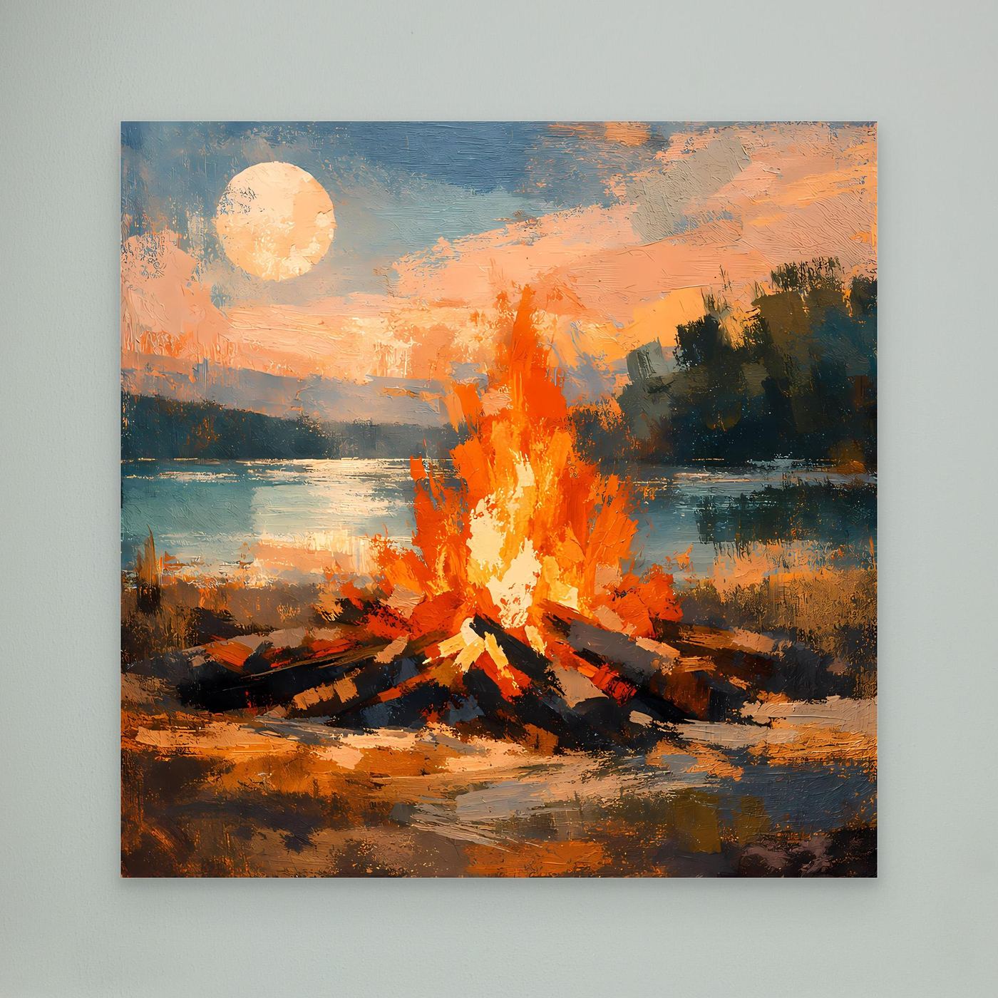 Leinwand-Wandbild mit Lagerfeuer am See und großem Sonnenkreis